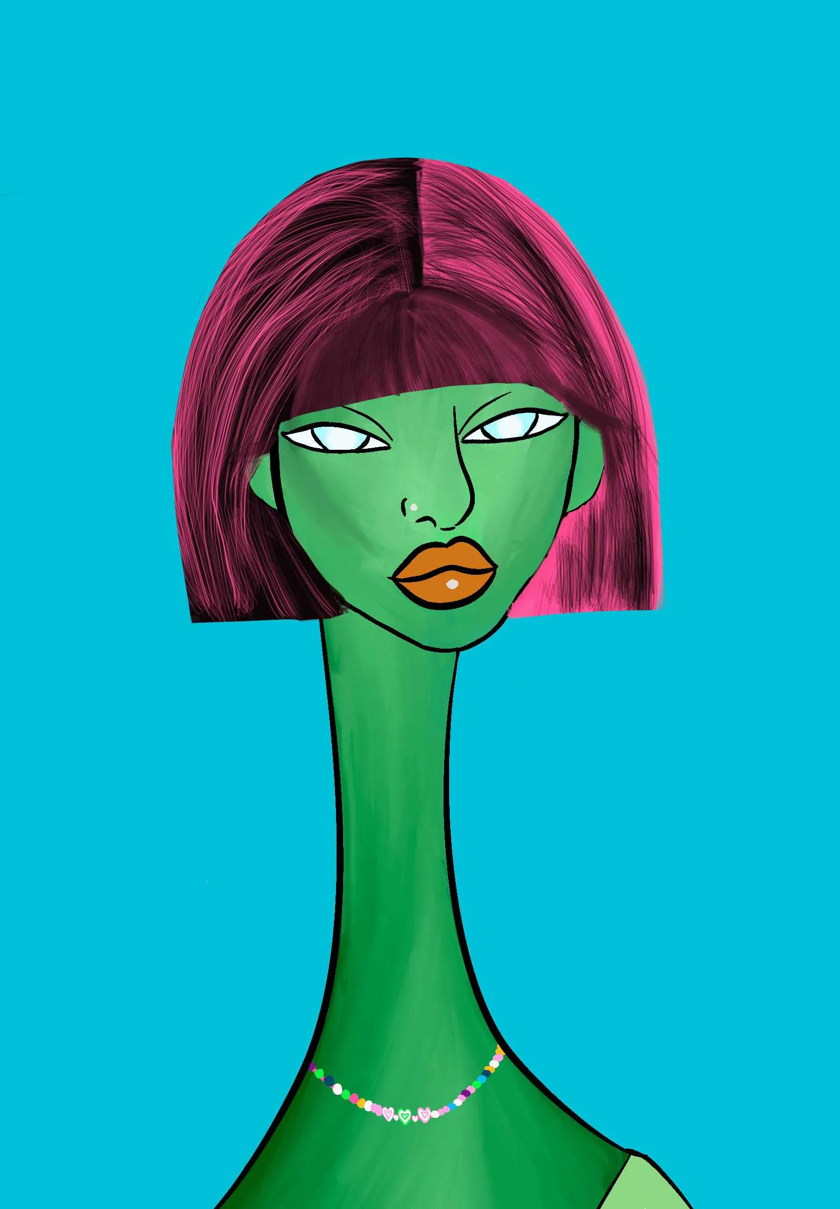 This Long Neckie Lady #2886 is a fine art, hand drawn, computer generated collectible out of 3333 diverse females created by 12-year-old digital artist Nyla Hayes. Each Long Neckie features an elongated neck that is inspired by Nyla’s favorite dinosaur, the brontosaurus. Nyla has collaborated her signature long Neckie collection with Andi Rutz, using Computer Generation to create 3333 unique ladies, with up to 101 traits, using an erc-721 contract and living on the eth blockchain.
