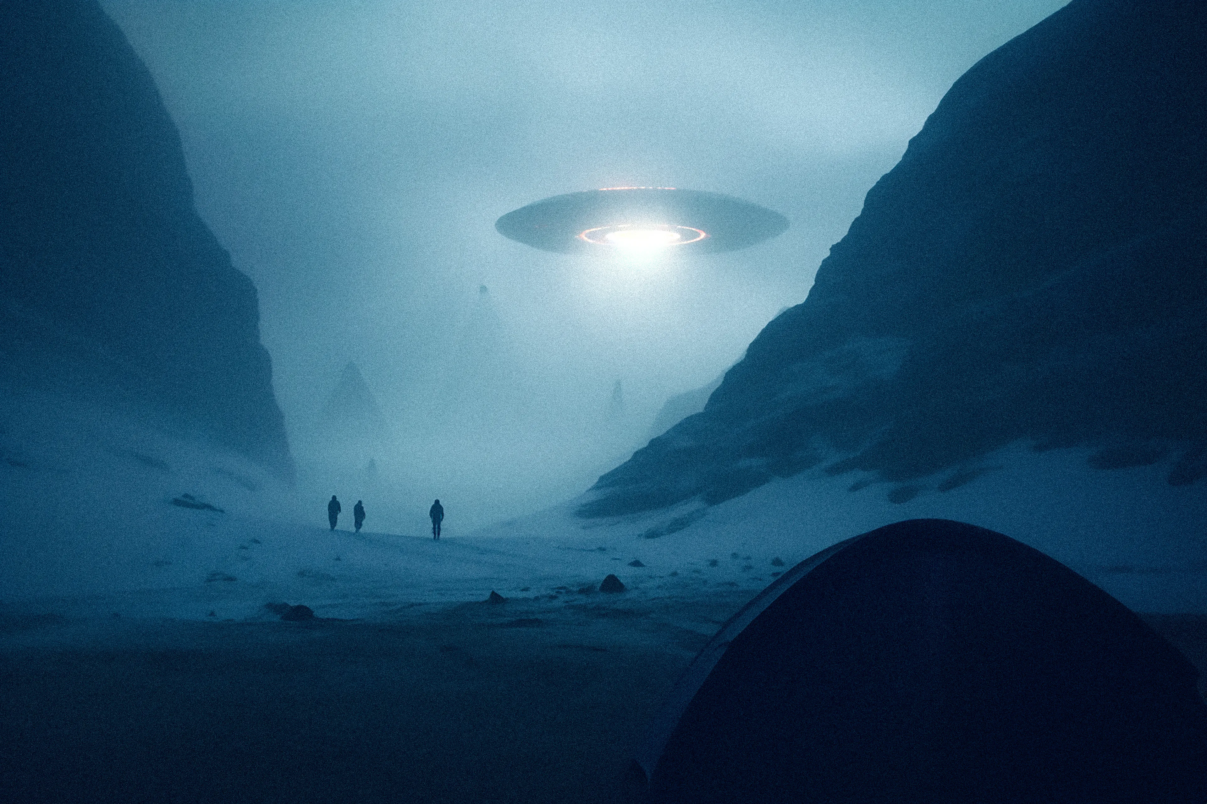 In 1995, an international team of scientists and explorers vanished in the desolate heart of Antarctica, lured by an enigmatic structure spotted in satellite images. Their disappearance remained an unsolved enigma until 2023, when a long-lost file, teeming with chilling photographs and disjointed notes, emerged out of the blue, possibly disclosed by a whistleblower.

According to the notes, a colossal UFO hovered over a vast ice plain, bathed in the ethereal Antarctic light. Not far from it, an imposing pyramid-like structure reared from the ice, its stark geometry incongruous amidst the natural ice formations in the midst of the Transantarctic range.

"Traces of human or intelligent activity are discernible near the pyramid — footsteps disrupted the pristine snow, leading towards the foreboding building" reads a Blue Notebook. The figures of the lost team appeared, seemingly drawn towards the anomaly. This is one of the most impactful photos in human history.