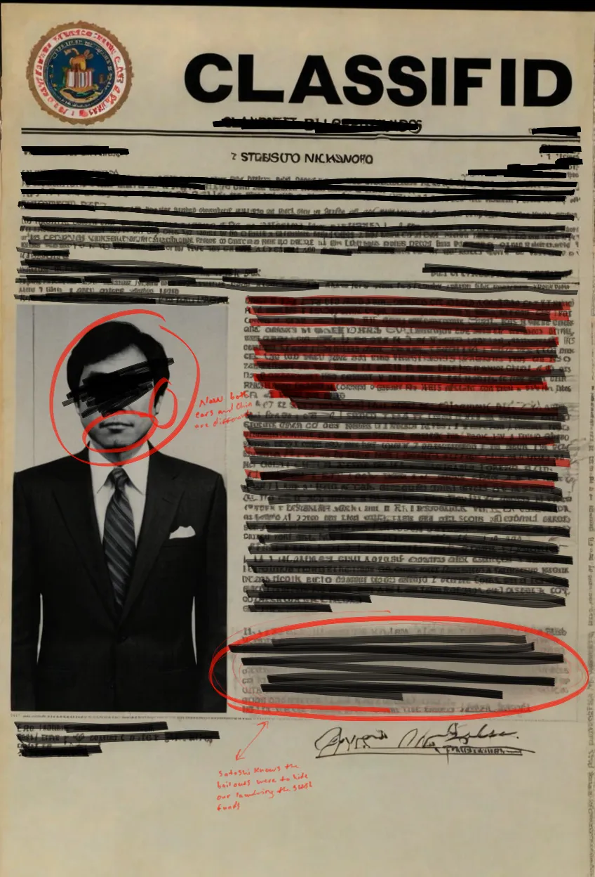 Description: There are 100 files which were secured through various means from multiple agencies which relate to their ongoing investigation into the whereabouts and identity of the creator of Bitcoin known as Satoshi. These files have been digitized either through a scanner or from photo. Unfortunately each agency has heavily redacted the files which we secured. But there are occasional notes which were not redacted. In broadcasting these onto the Ethereum network it is our hope that the greater community can begin to learn about the large scale cooperation of the different agencies which collaborated for the first time in history in order to try and ascertain the creator of Bitcoin. These agencies were: the FBI, CIA, KGB, Interpol and The Ministry of State Security