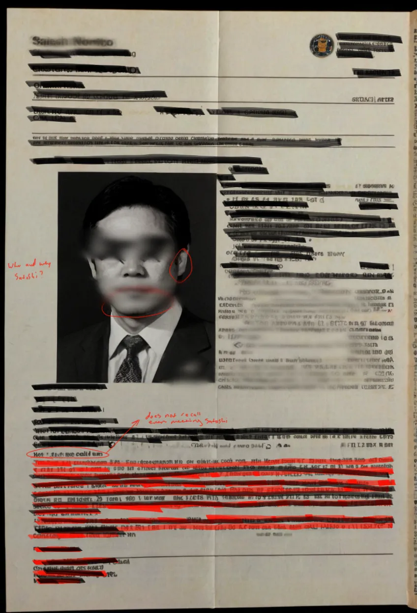 Description: There are 100 files which were secured through various means from multiple agencies which relate to their ongoing investigation into the whereabouts and identity of the creator of Bitcoin known as Satoshi. These files have been digitized either through a scanner or from photo. Unfortunately each agency has heavily redacted the files which we secured. But there are occasional notes which were not redacted. In broadcasting these onto the Ethereum network it is our hope that the greater community can begin to learn about the large scale cooperation of the different agencies which collaborated for the first time in history in order to try and ascertain the creator of Bitcoin. These agencies were: the FBI, CIA, KGB, Interpol and The Ministry of State Security