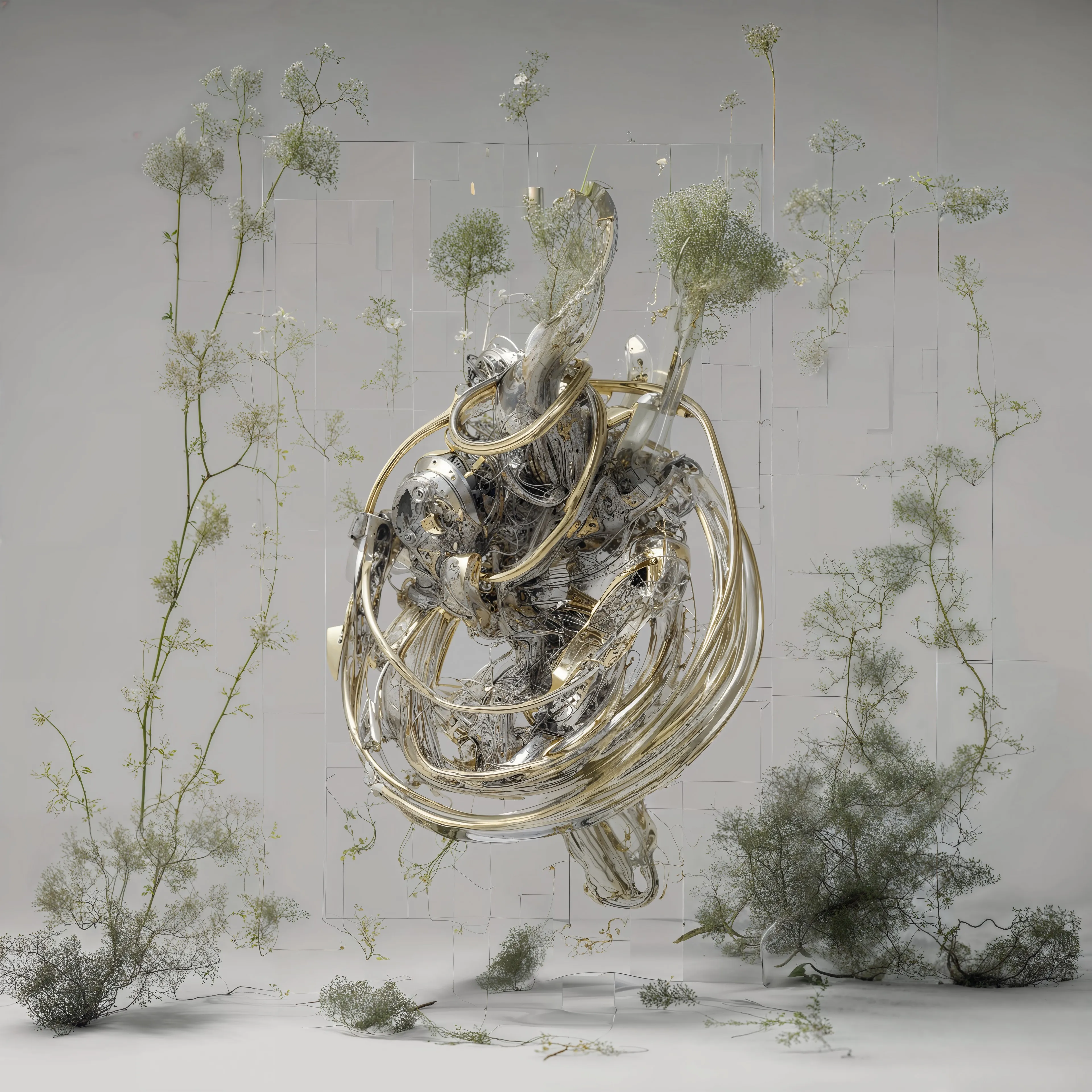 The collection GENESIS II: BODY MACHINE (MERIDIANS) by Sougwen Chung is a series of biomimetic robotic speculations sculpted in air. These works are created using custom training models and spatial technologies, where gestural lines are suspended and scale is a permeable medium. The artist captures these lines using gestural VR and motion capture, which are then reimagined as 'Machine Meridians.' This Meridian data represents the body as a generative system. 

This data serves as the foundation for a groundbreaking new spatial dataset, facilitating robotic collaboration and advancing the next generation of D.O.U.G. (Drawing Operations Unit Generations). 

BODY MACHINE (MERIDIANS) includes a collection of 168 unique generative artworks, each accompanied by movement data and a matching signed print.