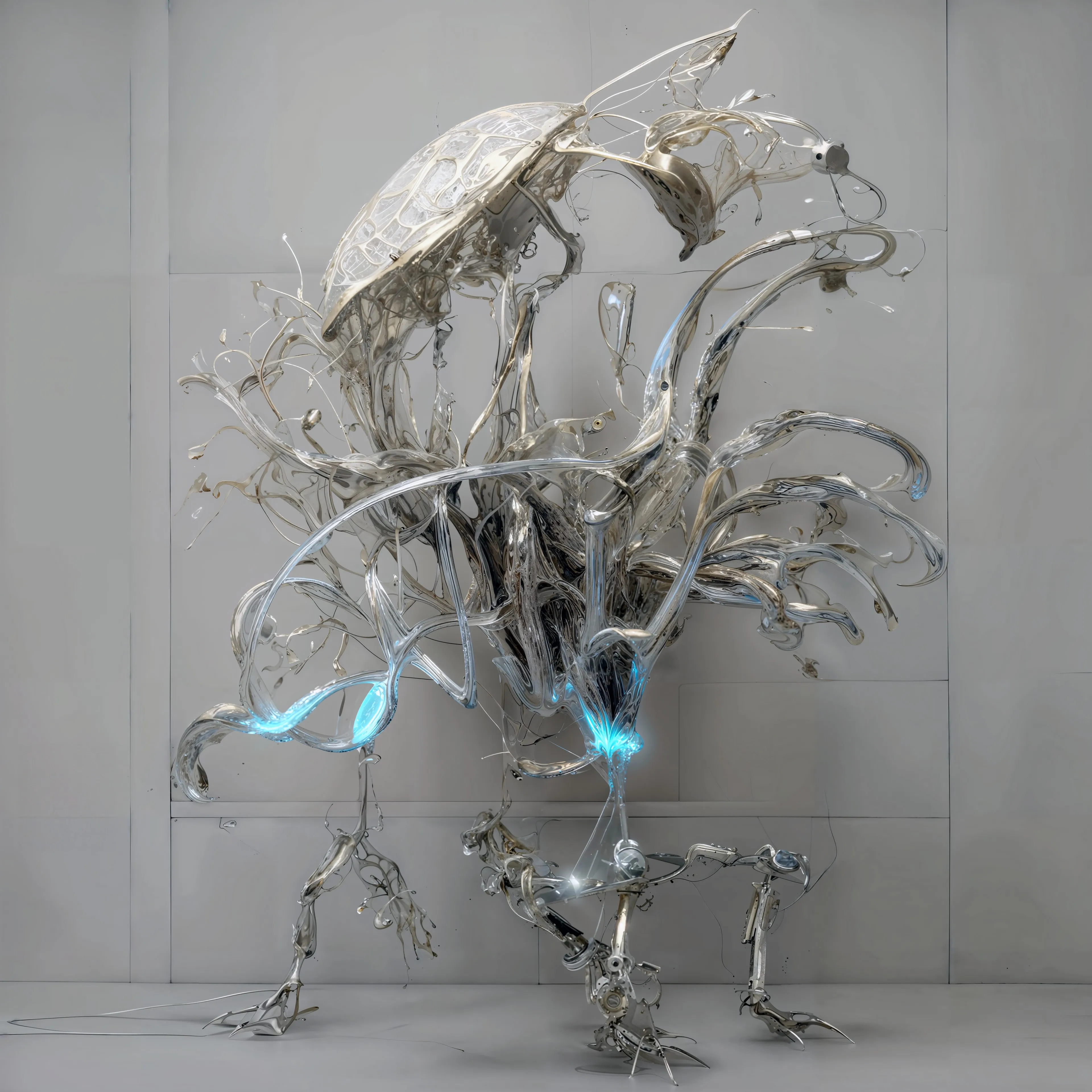 The collection GENESIS II: BODY MACHINE (MERIDIANS) by Sougwen Chung is a series of biomimetic robotic speculations sculpted in air. These works are created using custom training models and spatial technologies, where gestural lines are suspended and scale is a permeable medium. The artist captures these lines using gestural VR and motion capture, which are then reimagined as 'Machine Meridians.' This Meridian data represents the body as a generative system. 

This data serves as the foundation for a groundbreaking new spatial dataset, facilitating robotic collaboration and advancing the next generation of D.O.U.G. (Drawing Operations Unit Generations). 

BODY MACHINE (MERIDIANS) includes a collection of 168 unique generative artworks, each accompanied by movement data and a matching signed print.