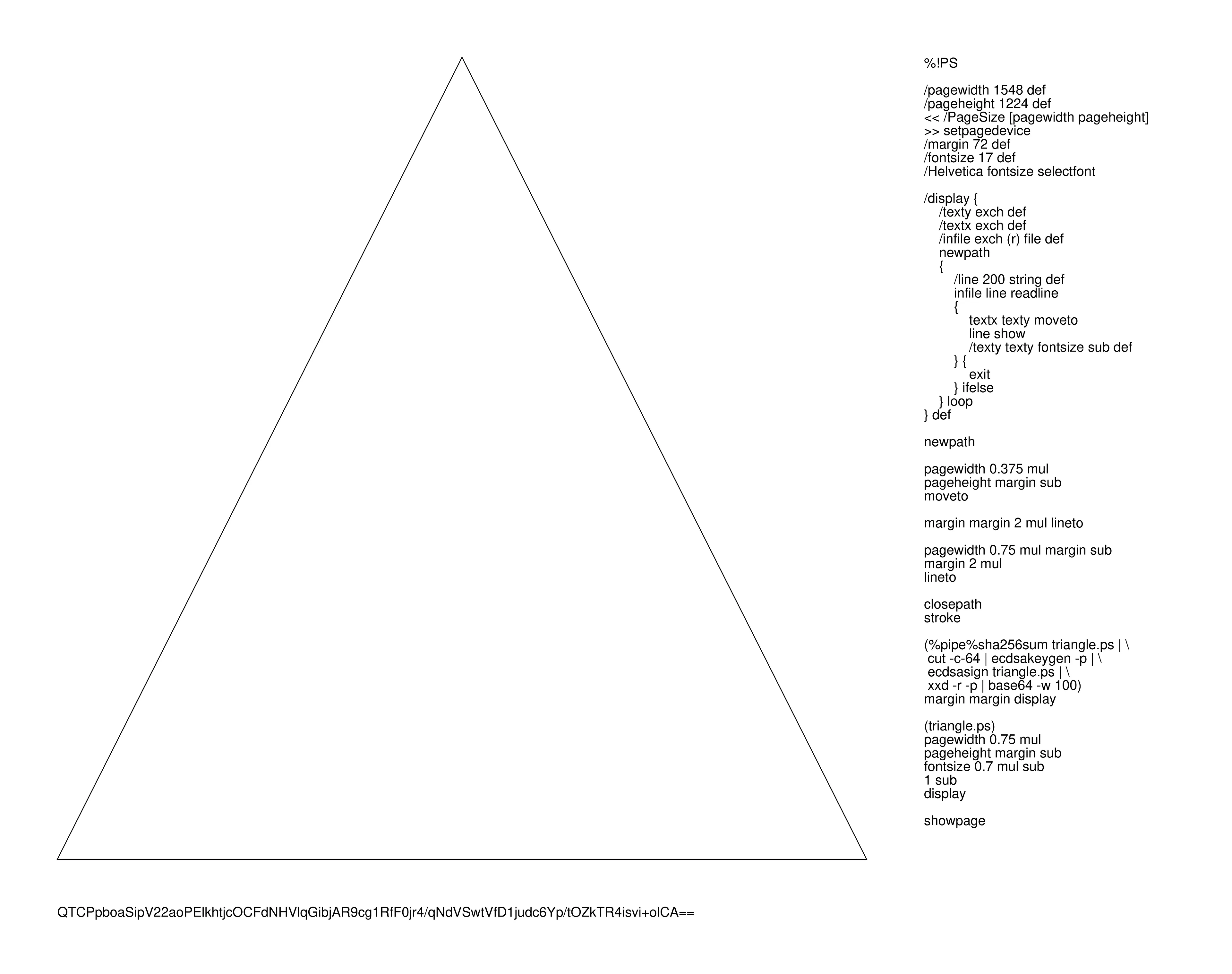 A PostScript Quine that signs itself with a cryptographic key generated from its own source code.

In generating the image of a triangle that code produces an aesthetic and graphical primitive - something that serves as art under the attention invited by the program's operation.
