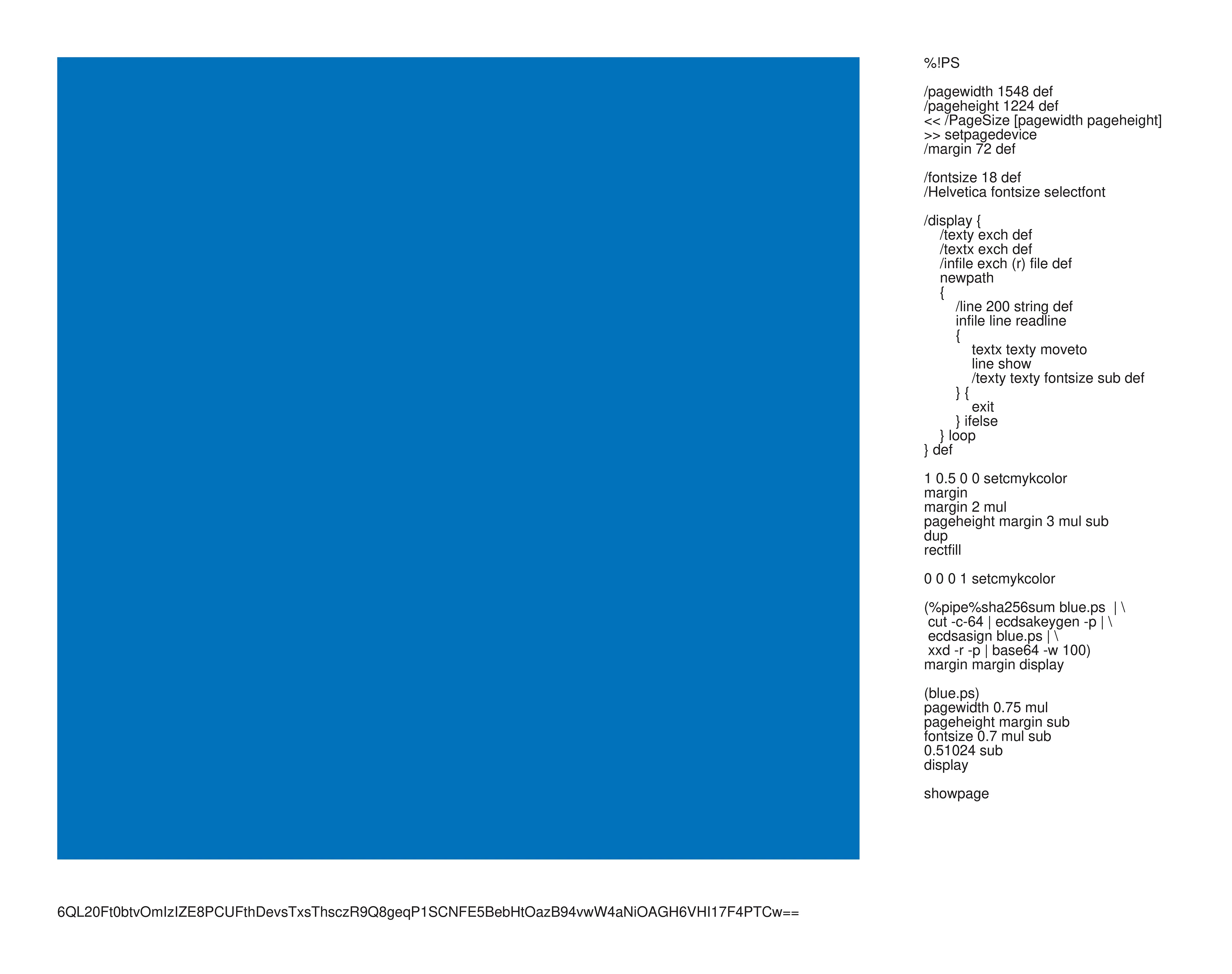 A PostScript Quine that signs itself with a cryptographic key generated from its own source code.

This code renders a blue square, a least-object of aesthetics, to establish itself as both art and artist under the identity of its cryptographic key.
