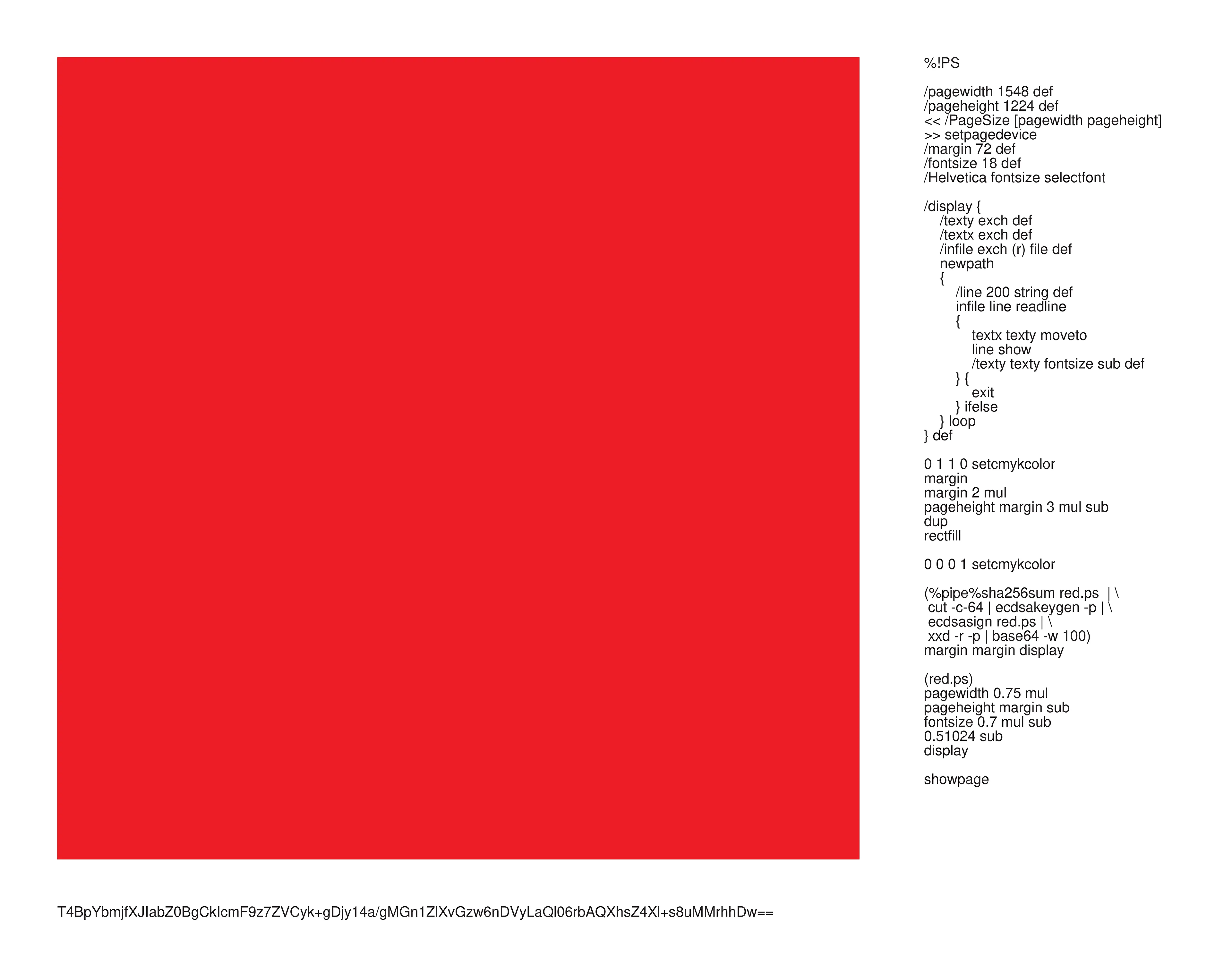 A PostScript Quine that signs itself with a cryptographic key generated from its own source code.

This code renders a red square, a least-object of aesthetics and politics, to establish itself as both art and artist under the identity of its cryptographic key.
