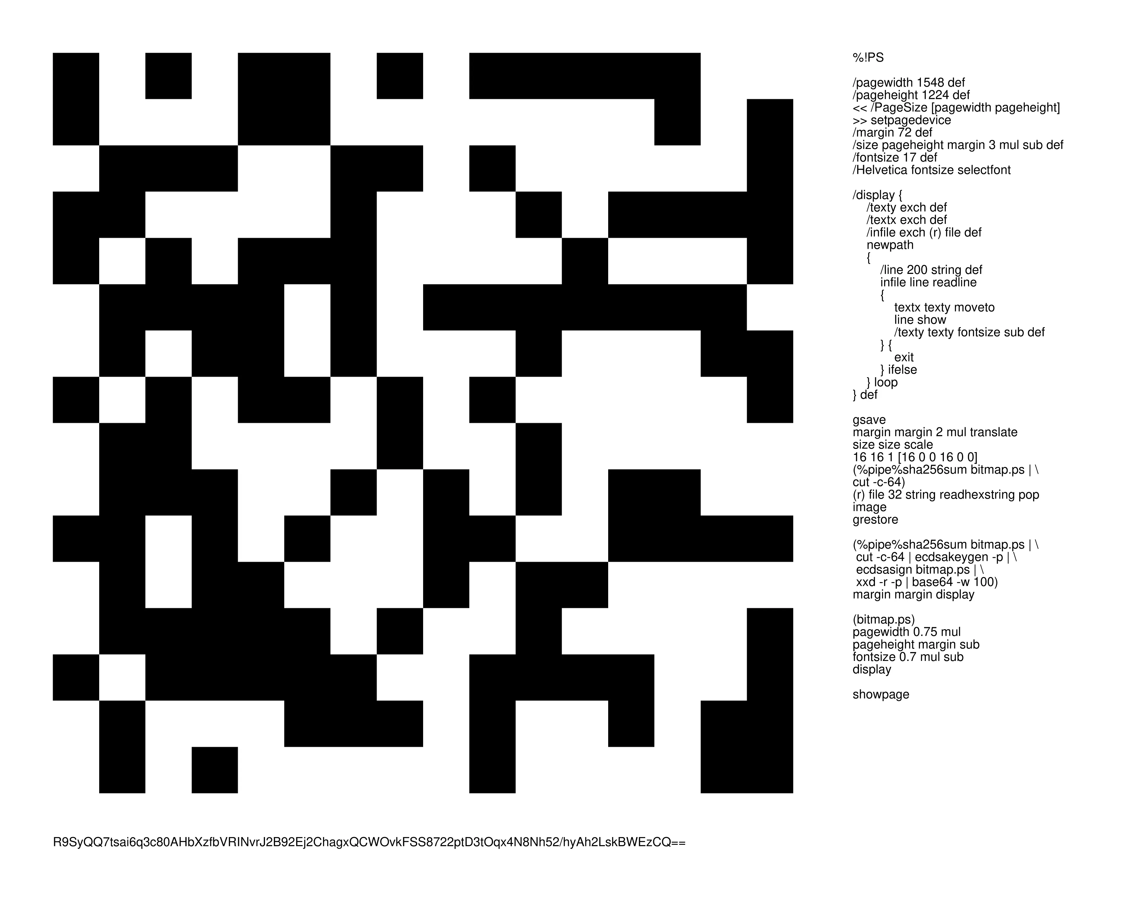 A PostScript Quine that signs itself with a cryptographic key generated from its own source code.

That code renders the cryptographic hash of itself as a simple monochrome bitmap, producing another level of identity, presentation, and aesthetics.
