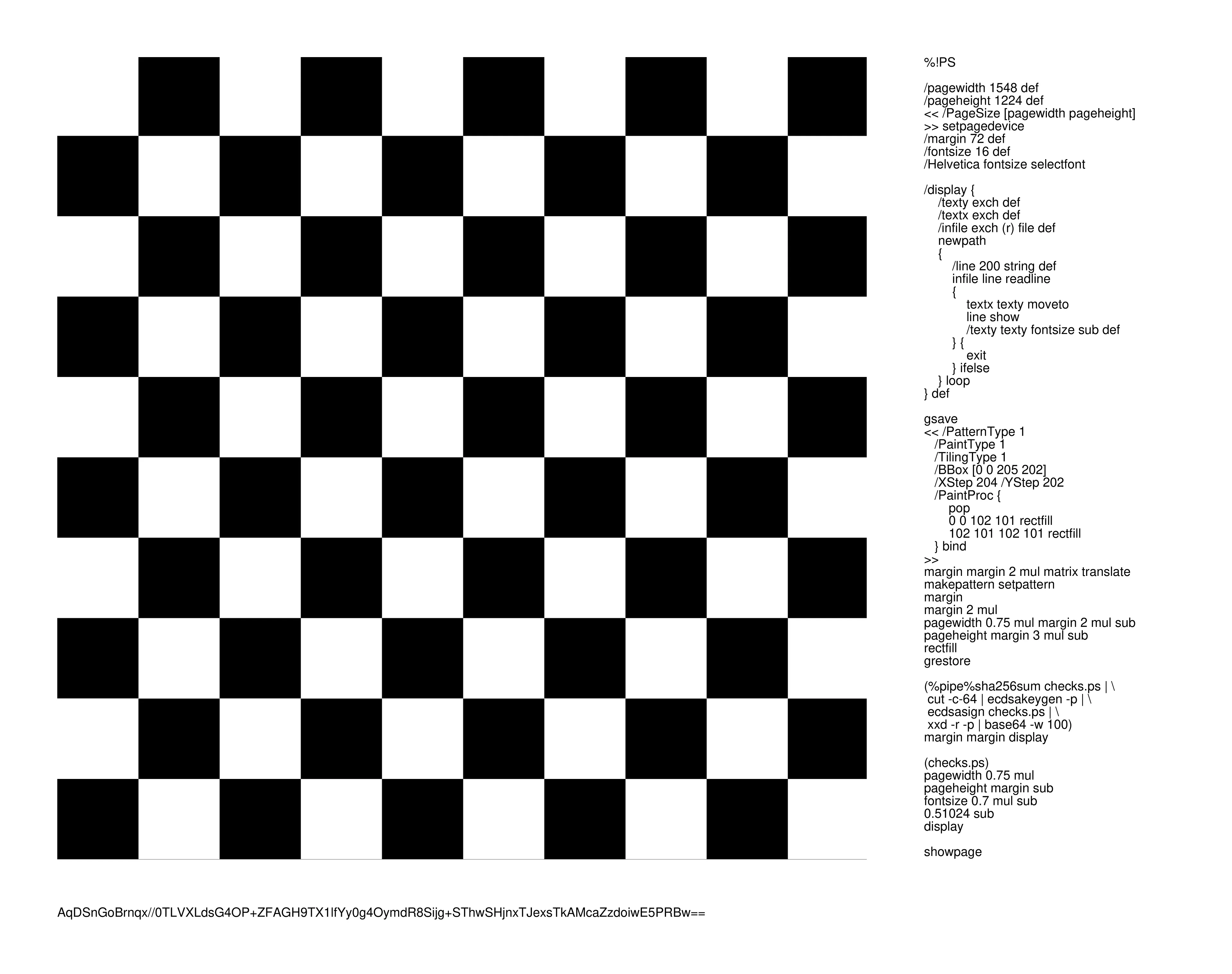 A PostScript Quine that signs itself with a cryptographic key generated from its own source code.

Invoking op art and non-cryptoeconomic games, the program's code renders a monochrome chequerboard grid.