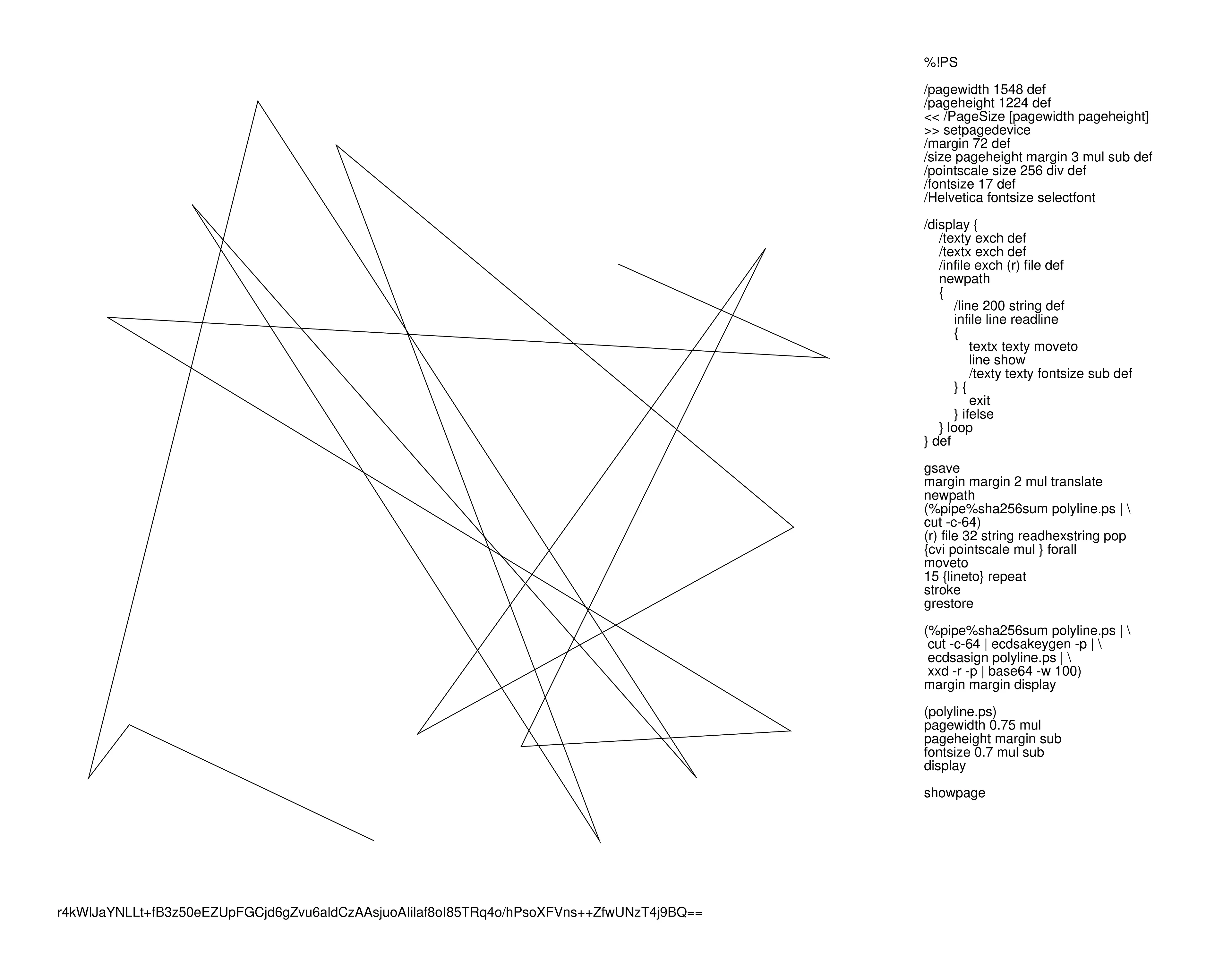 A PostScript Quine that signs itself with a cryptographic key generated from its own source code.

It uses the bits of the cryptographic hash of its source code as the co-ordinates for a series of connected line segments, producing a jagged scribble that resembles early plotter art and carries a similar temptation to see expressiveness in its marks.