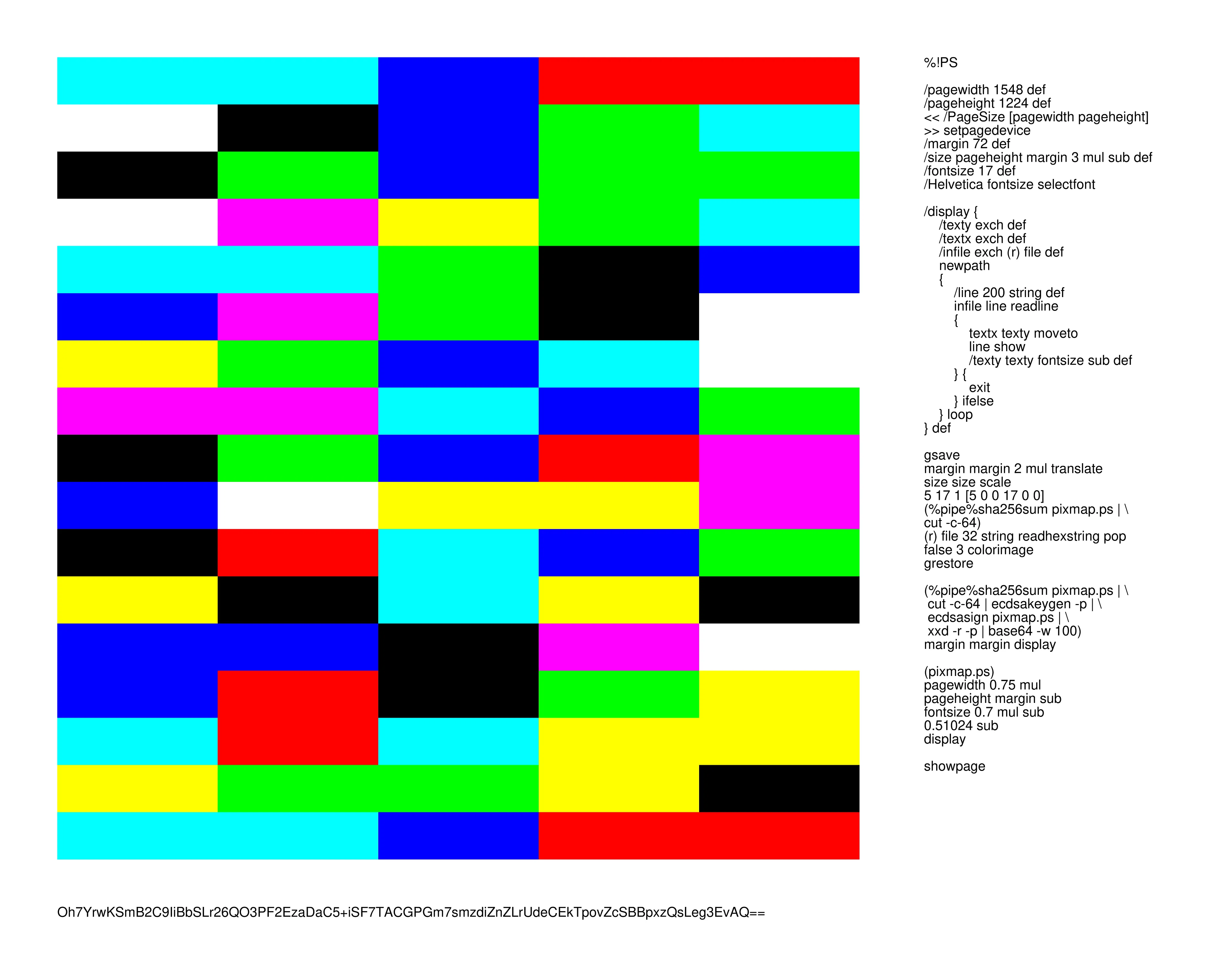A PostScript Quine that signs itself with a cryptographic key generated from its own source code.

That code renders the cryptographic hash of itself as crudely coloured pixel map, resembling GIF art, Teletext and home computer graphics, or the satirical proof-of-work aesthetics of Blockchain Aesthetics.