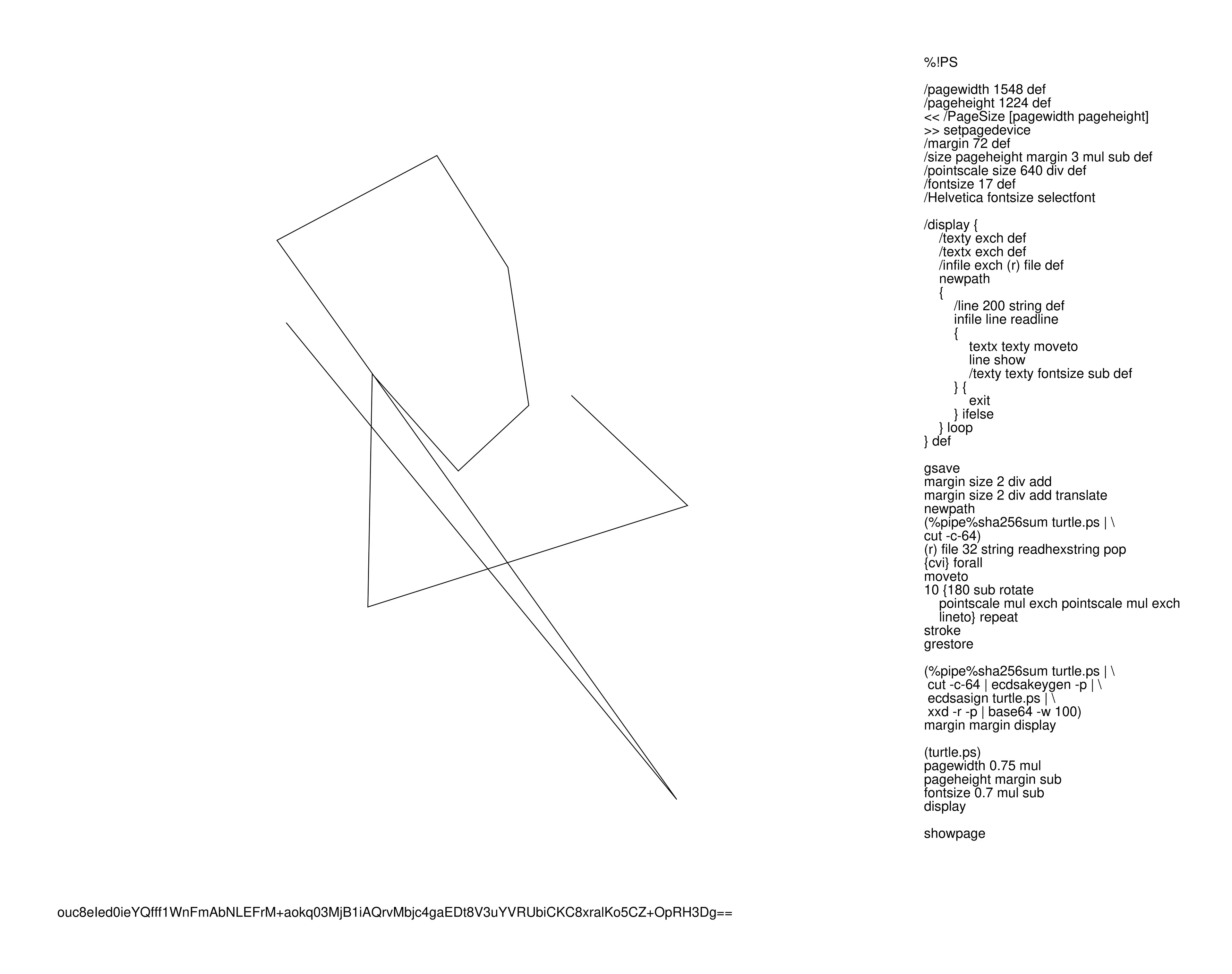 A PostScript Quine that signs itself with a cryptographic key generated from its own source code.

It uses the bits of the cryptographic hash of its source code as a series of instructions for a computer graphics "turtle", a simple and didactic educational tool and way of dealing with the mathematical relativism of moving frames.