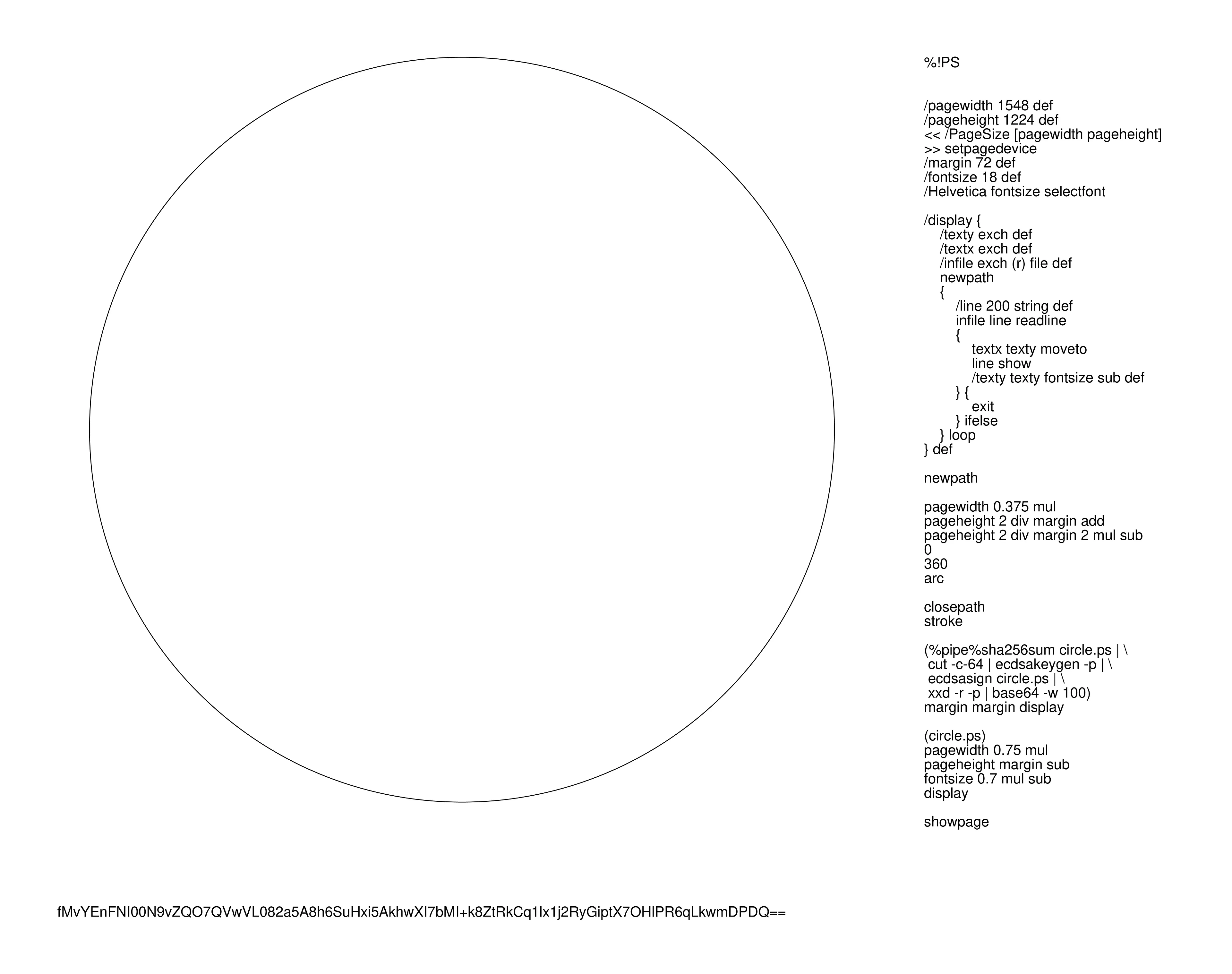 A PostScript Quine that signs itself with a cryptographic key generated from its own source code.

In generating the image of a circle that code produces an aesthetic and graphical primitive - something that serves as art under the attention invited by the program's operation.