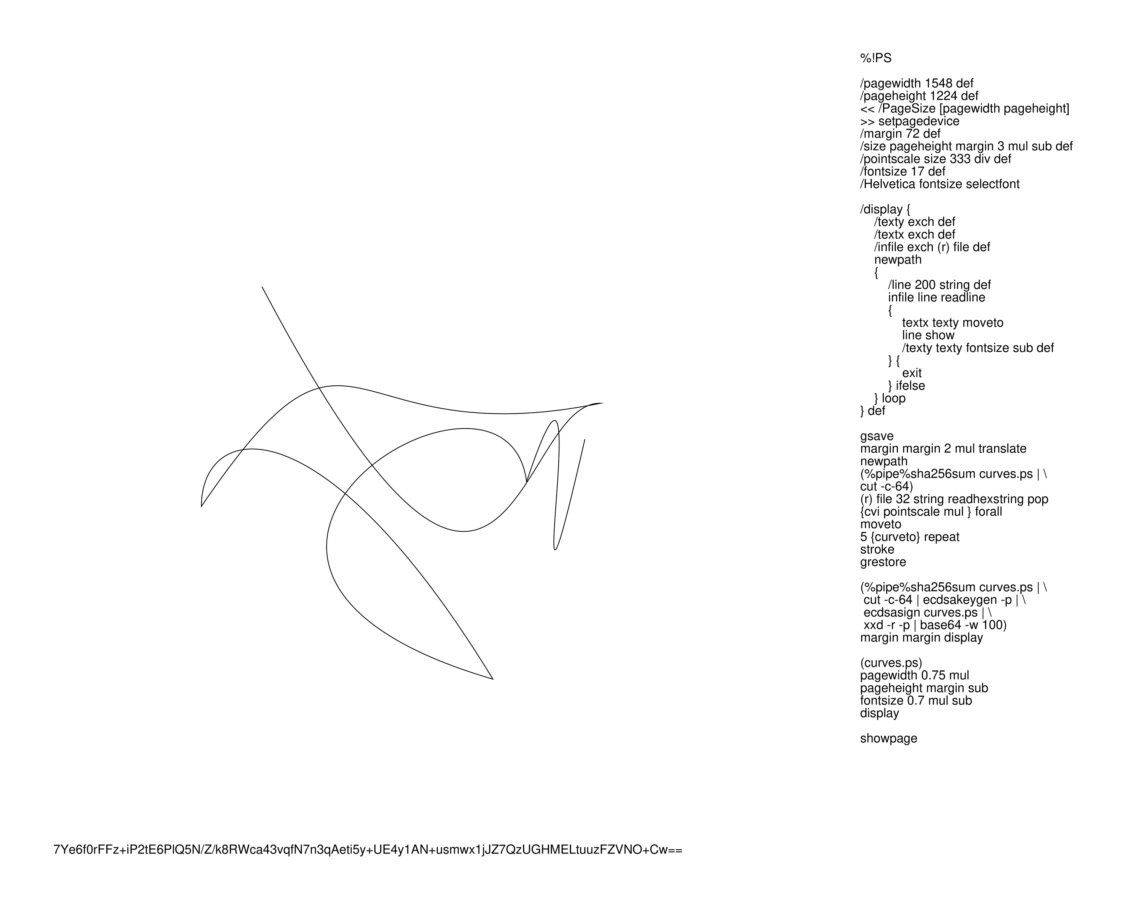 A PostScript Quine that signs itself with a cryptographic key generated from its own source code.

It uses the bits of the cryptographic hash of its source code as the co-ordinates for a series of Bezier curves, producing a sinuous line of beauty.