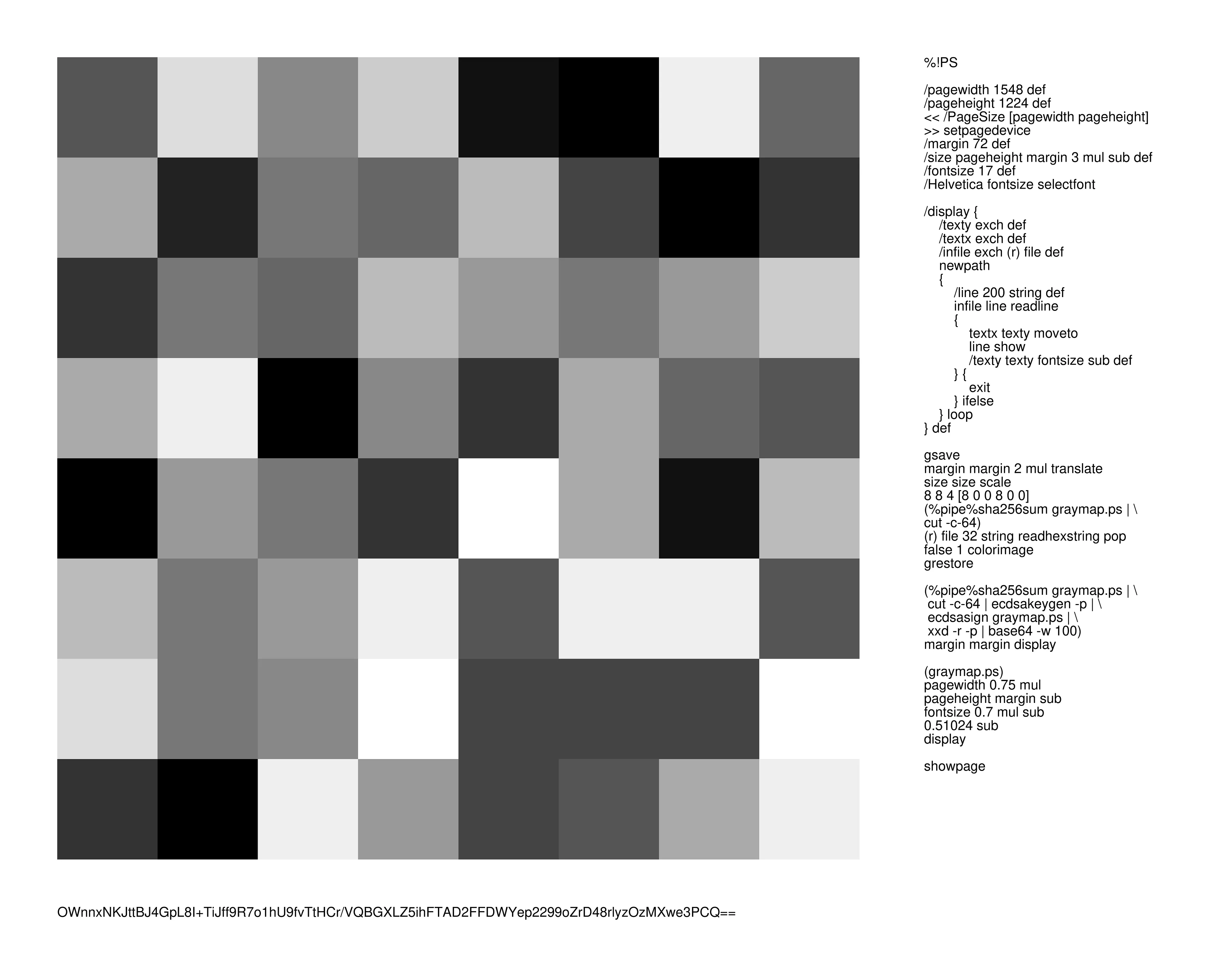 A PostScript Quine that signs itself with a cryptographic key generated from its own source code.

That code renders the cryptographic hash of itself as greyscale pixel map, resembling early low-resolution analogue video art or the satirical proof-of-work aesthetics of Facecoin.
