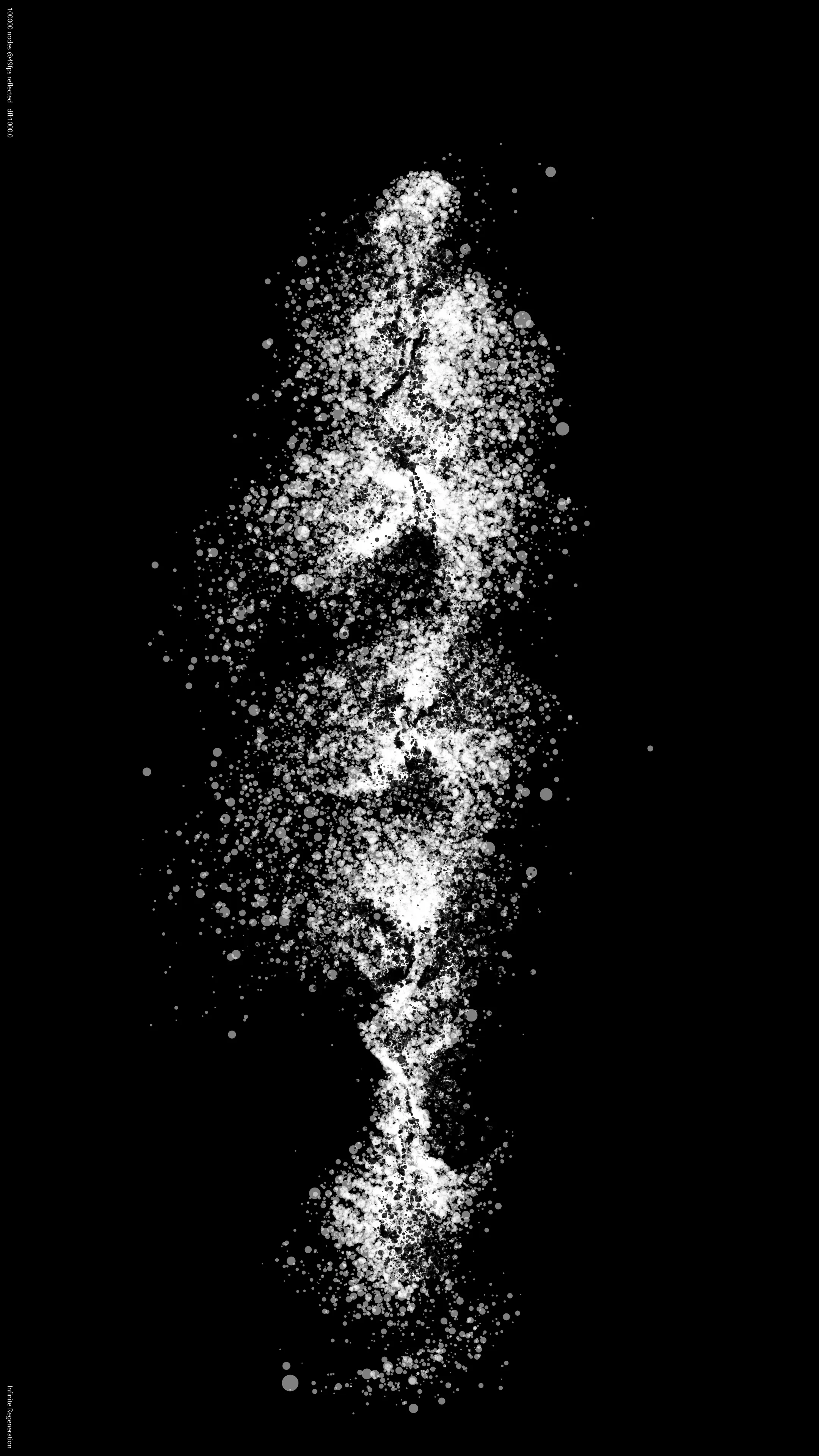 Infinite Regeneration, 2023

Dwell eternally in this space of gently flowing particles. 100,000 particles, half dark, half light, are suspended somewhere within a multidimensional noise field. All particles begin life on a shared horizon. For each particle, movement is simulated into the future until a single image is eventually captured. This project began life as a performance optimizer and eventually became a tool to contemplate life and death.
