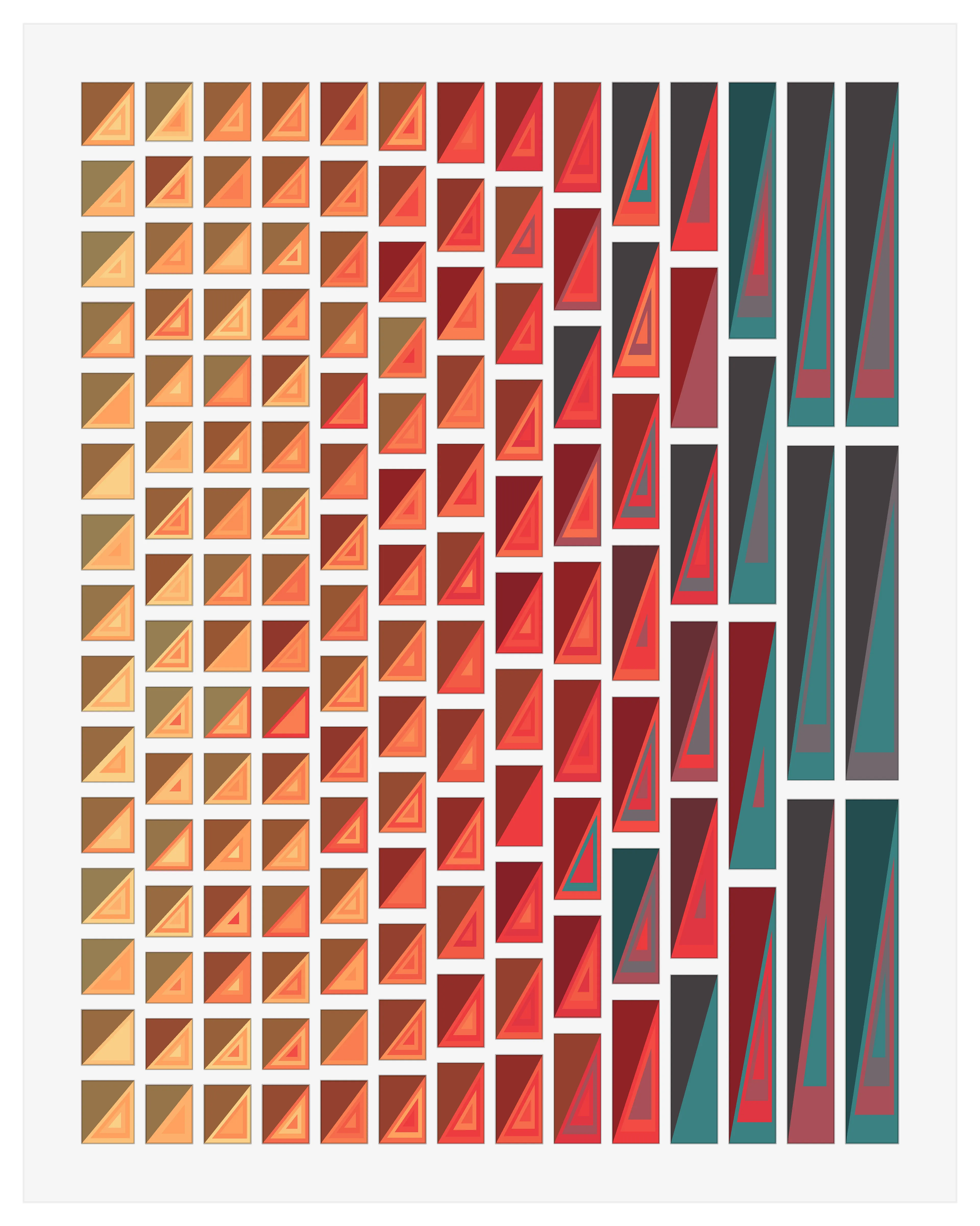 Generative artwork (R code 2024, 3 iterations). The title refers to the Greek myth of Orpheus, who lost his wife by looking back at her during a rescue from the afterlife, symbolizing the disastrous consequences of dwelling on the past. This algorithm set up a series of 11-20 columns were spaced between the margins, then used a sine function to set the number of cells in each column to produce interesting wave and circle patterns. The upper right or upper left corner was randomly set aside within each tile, then a series of smaller filled triangular tiles were drawn between the other three corners. Colors were selected based on the horizontal location of each tile or triangle. Opposite triangles were each filled with an opaque black tile to produce shadows. Together, the shadows and triangles produce an emergent texture and unique sweeping waves in each output. Dimensions are 16x20 inches, 300 DPI, which provides a higher resolution than the original version shown online. 