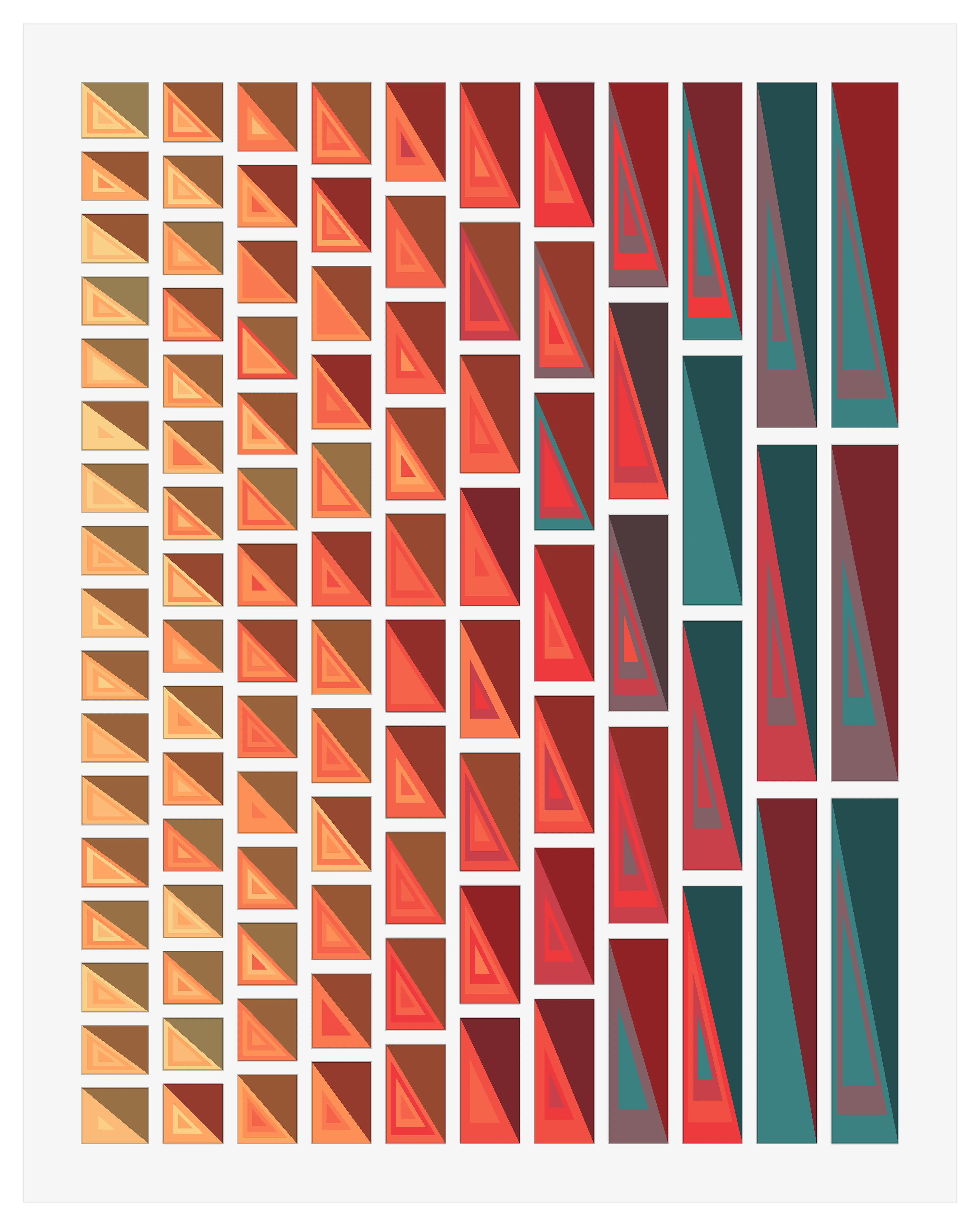 Generative artwork (R code 2024, 3 iterations). The title refers to the Greek myth of Orpheus, who lost his wife by looking back at her during a rescue from the afterlife, symbolizing the disastrous consequences of dwelling on the past. This algorithm set up a series of 11-20 columns were spaced between the margins, then used a sine function to set the number of cells in each column to produce interesting wave and circle patterns. The upper right or upper left corner was randomly set aside within each tile, then a series of smaller filled triangular tiles were drawn between the other three corners. Colors were selected based on the horizontal location of each tile or triangle. Opposite triangles were each filled with an opaque black tile to produce shadows. Together, the shadows and triangles produce an emergent texture and unique sweeping waves in each output. Dimensions are 16x20 inches, 300 DPI, which provides a higher resolution than the original version shown online.