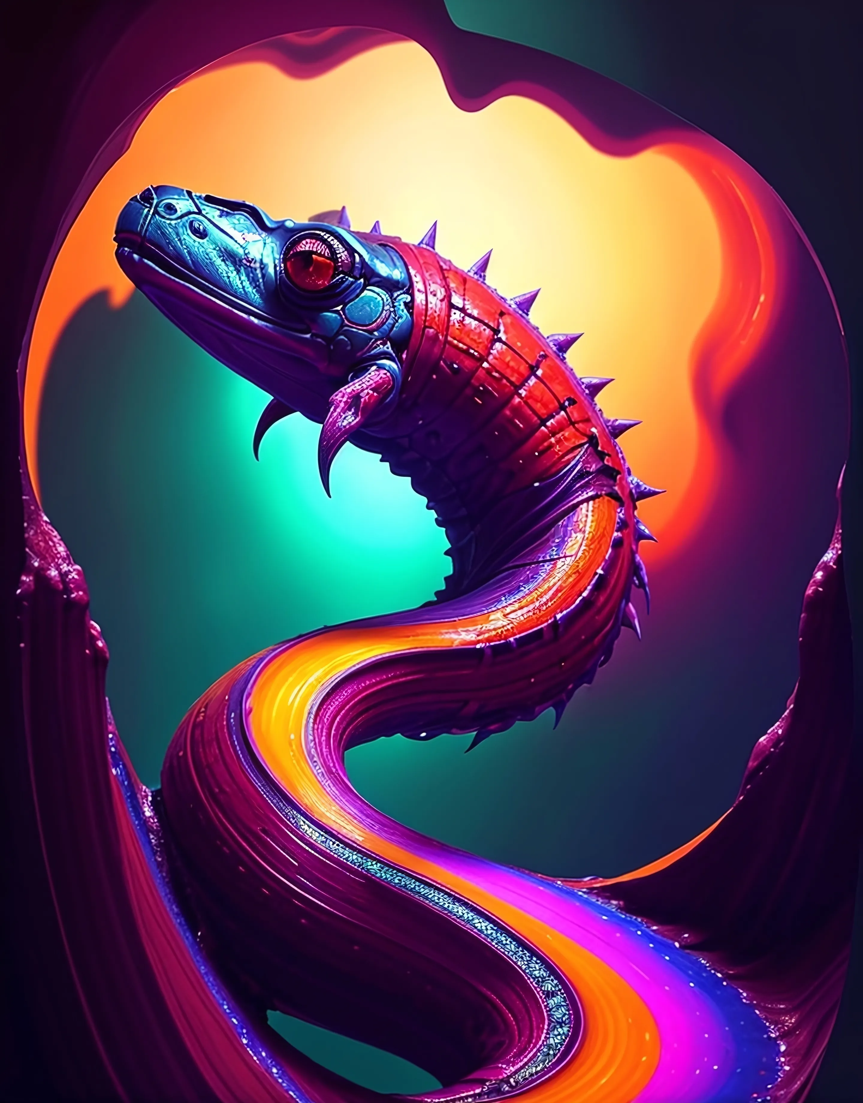 Once there was a mythical being known as the Color Serpent, a creature of pure color and magic. It lived in a world beyond our own, where the landscape was constantly shifting and evolving. The Color Serpent would slither through the rainbow-hued terrain, leaving a trail of shimmering scales in its wake. As it moved, it would absorb the hues of its surroundings, taking on new shades and patterns.

dimensions 2880px x 3680px