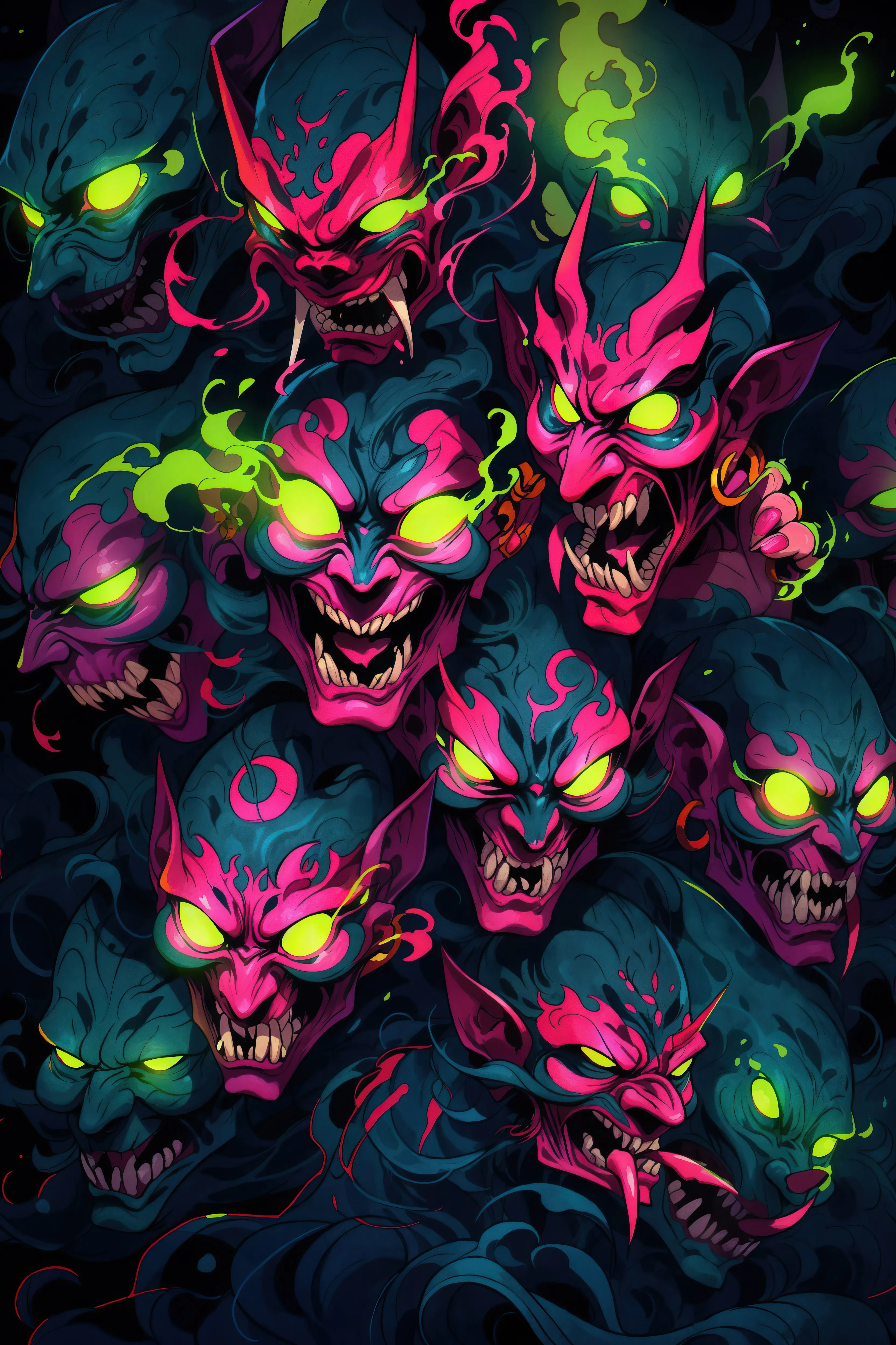 In the realm where shadows whisper, the Akuma no Mure, now known playfully as the "Ghouls' Night Out" crew, roam. Once solemn guardians of ancient secrets, these spirits have found a new calling in the thrill of nightly escapades. Their fearsome forms, once symbols of dread, now partake in a ghostly revelry under the moon's gaze.

Their laughter, a cacophony of eerie echoes, resounds through the twilight. Each step they take is a dance, a playful mockery of their former solemn duty. Where they once instilled fear, now they seek amusement, turning their haunting presence into a spectacle of mischief.

These ghoulish guardians, in their twisted merriment, remind us of the joy found in letting go of old burdens. Their transformation from stern sentinels to merry-makers in the moonlight serves as a whimsical reminder – even the most dreadful of beings can find delight in the simplest of pleasures, embracing a lighter side of the supernatural.

This art is created with the assistance of AI.