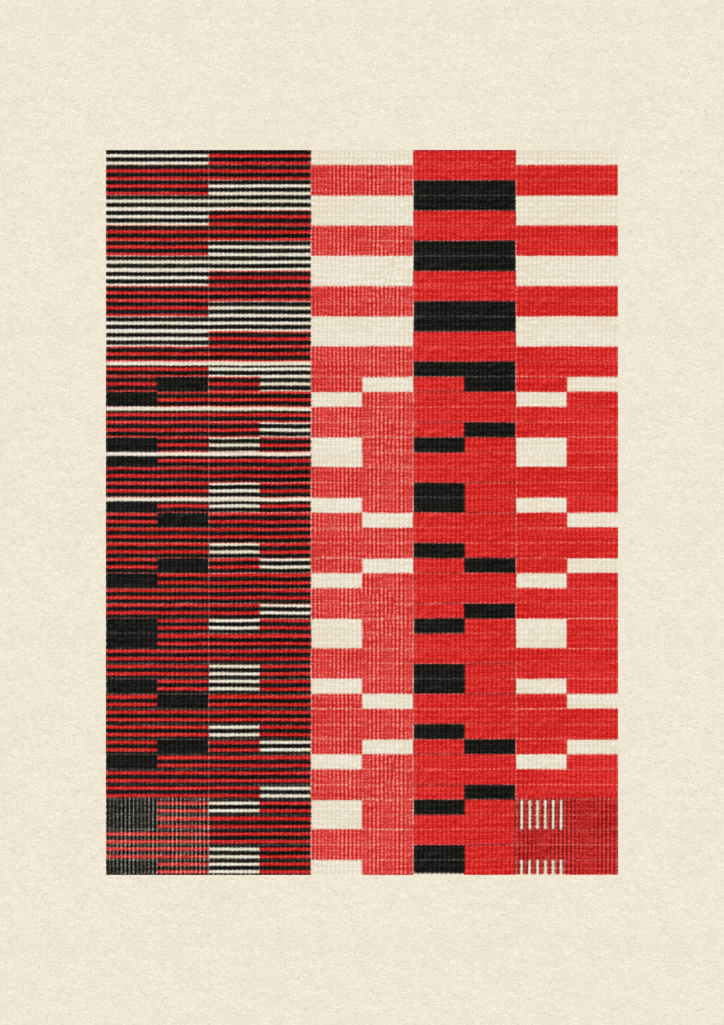 Inspired by the design work of Bauhaus textile artists such as Gunta Stölzl, Anni and Josef Albers, 'Lebras' combines the proportions of both the Silver and Golden Ratios (1.414:1 and 1.618:1 respectively) to create a versatile five-column grid, within which unique compositions are formed. 

Repetition, material, balance, and overlaps are used to generate a near-endless variety of designs, ranging from ultra-minimal, to rhythmic and textural. Four fabric types are available, further adding to the authentic textile quality of the outputs. 

To enjoy 'Lebras' compositions at their best, please view at full size.