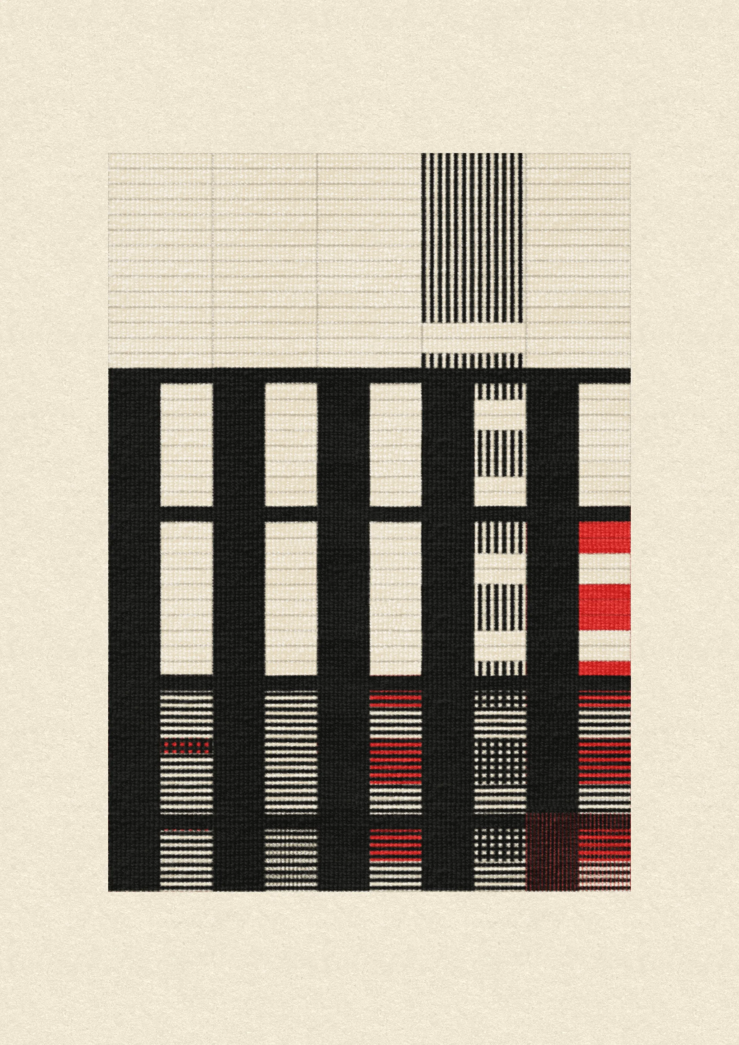 Inspired by the design work of Bauhaus textile artists such as Gunta Stölzl, Anni and Josef Albers, 'Lebras' combines the proportions of both the Silver and Golden Ratios (1.414:1 and 1.618:1 respectively) to create a versatile five-column grid, within which unique compositions are formed. 

Repetition, material, balance, and overlaps are used to generate a near-endless variety of designs, ranging from ultra-minimal, to rhythmic and textural. Four fabric types are available, further adding to the authentic textile quality of the outputs. 

To enjoy 'Lebras' compositions at their best, please view at full size.