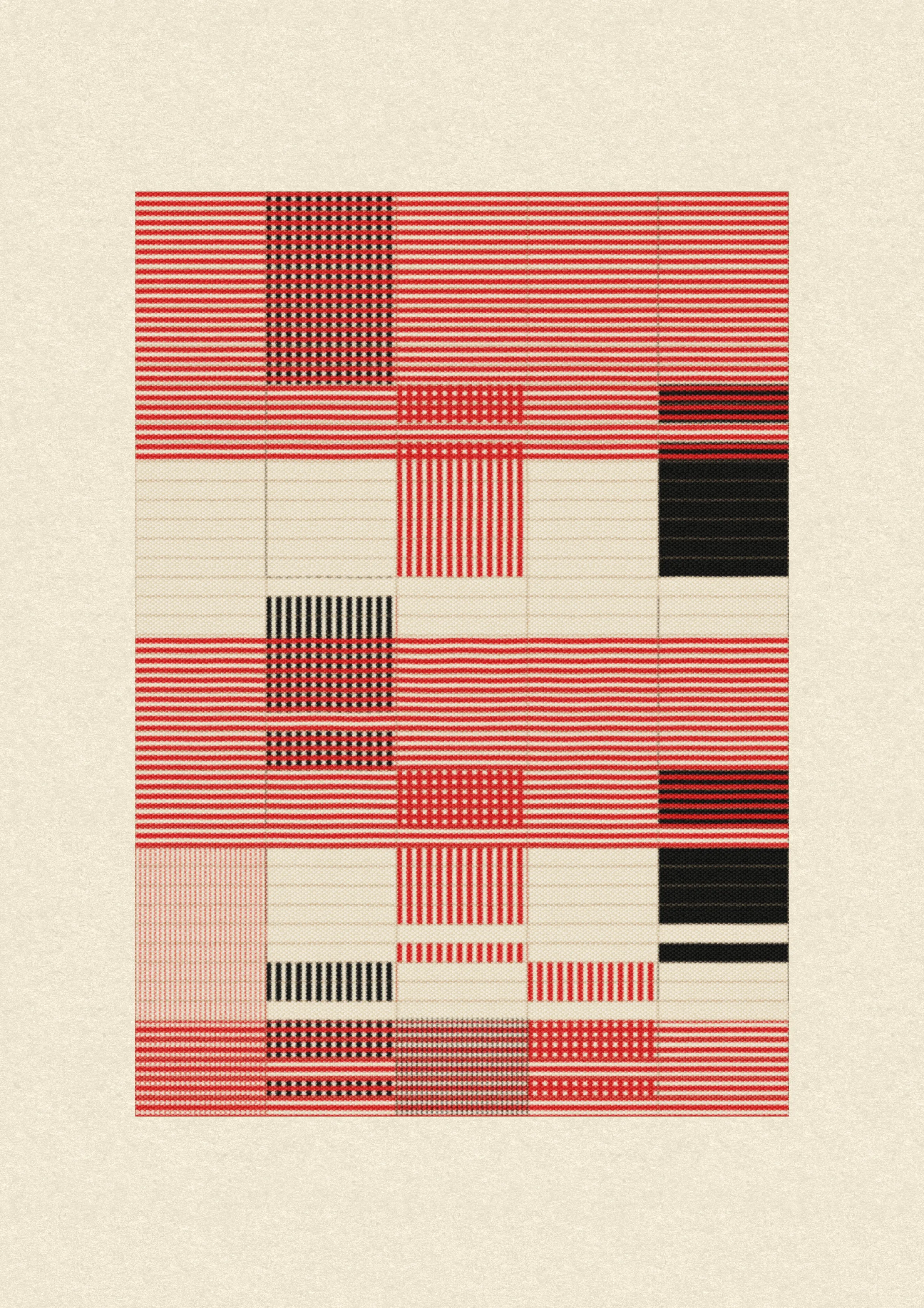 Inspired by the design work of Bauhaus textile artists such as Gunta Stölzl, Anni and Josef Albers, 'Lebras' combines the proportions of both the Silver and Golden Ratios (1.414:1 and 1.618:1 respectively) to create a versatile five-column grid, within which unique compositions are formed. 

Repetition, material, balance, and overlaps are used to generate a near-endless variety of designs, ranging from ultra-minimal, to rhythmic and textural. Four fabric types are available, further adding to the authentic textile quality of the outputs. 

To enjoy 'Lebras' compositions at their best, please view at full size.