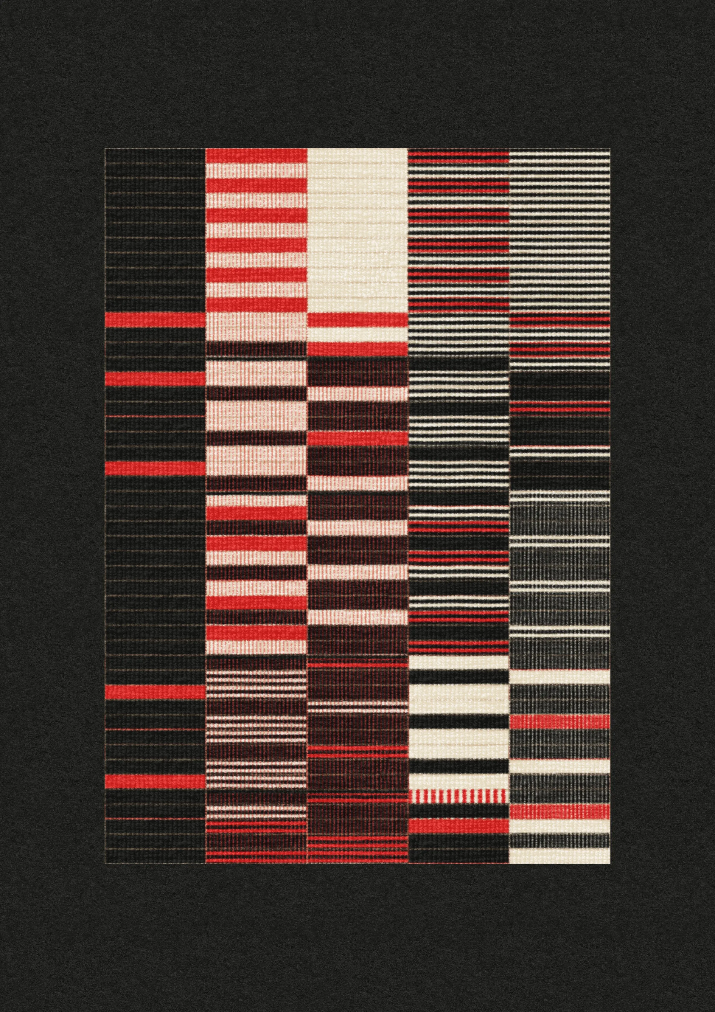Inspired by the design work of Bauhaus textile artists such as Gunta Stölzl, Anni and Josef Albers, 'Lebras' combines the proportions of both the Silver and Golden Ratios (1.414:1 and 1.618:1 respectively) to create a versatile five-column grid, within which unique compositions are formed. 

Repetition, material, balance, and overlaps are used to generate a near-endless variety of designs, ranging from ultra-minimal, to rhythmic and textural. Four fabric types are available, further adding to the authentic textile quality of the outputs. 

To enjoy 'Lebras' compositions at their best, please view at full size.