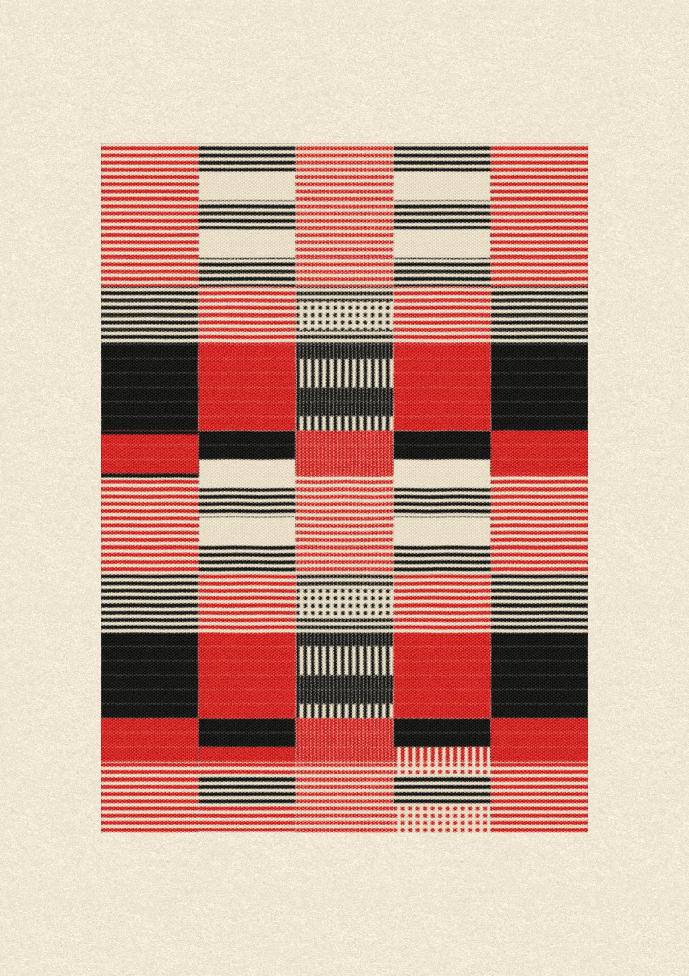 Inspired by the design work of Bauhaus textile artists such as Gunta Stölzl, Anni and Josef Albers, 'Lebras' combines the proportions of both the Silver and Golden Ratios (1.414:1 and 1.618:1 respectively) to create a versatile five-column grid, within which unique compositions are formed. 

Repetition, material, balance, and overlaps are used to generate a near-endless variety of designs, ranging from ultra-minimal, to rhythmic and textural. Four fabric types are available, further adding to the authentic textile quality of the outputs. 

To enjoy 'Lebras' compositions at their best, please view at full size.