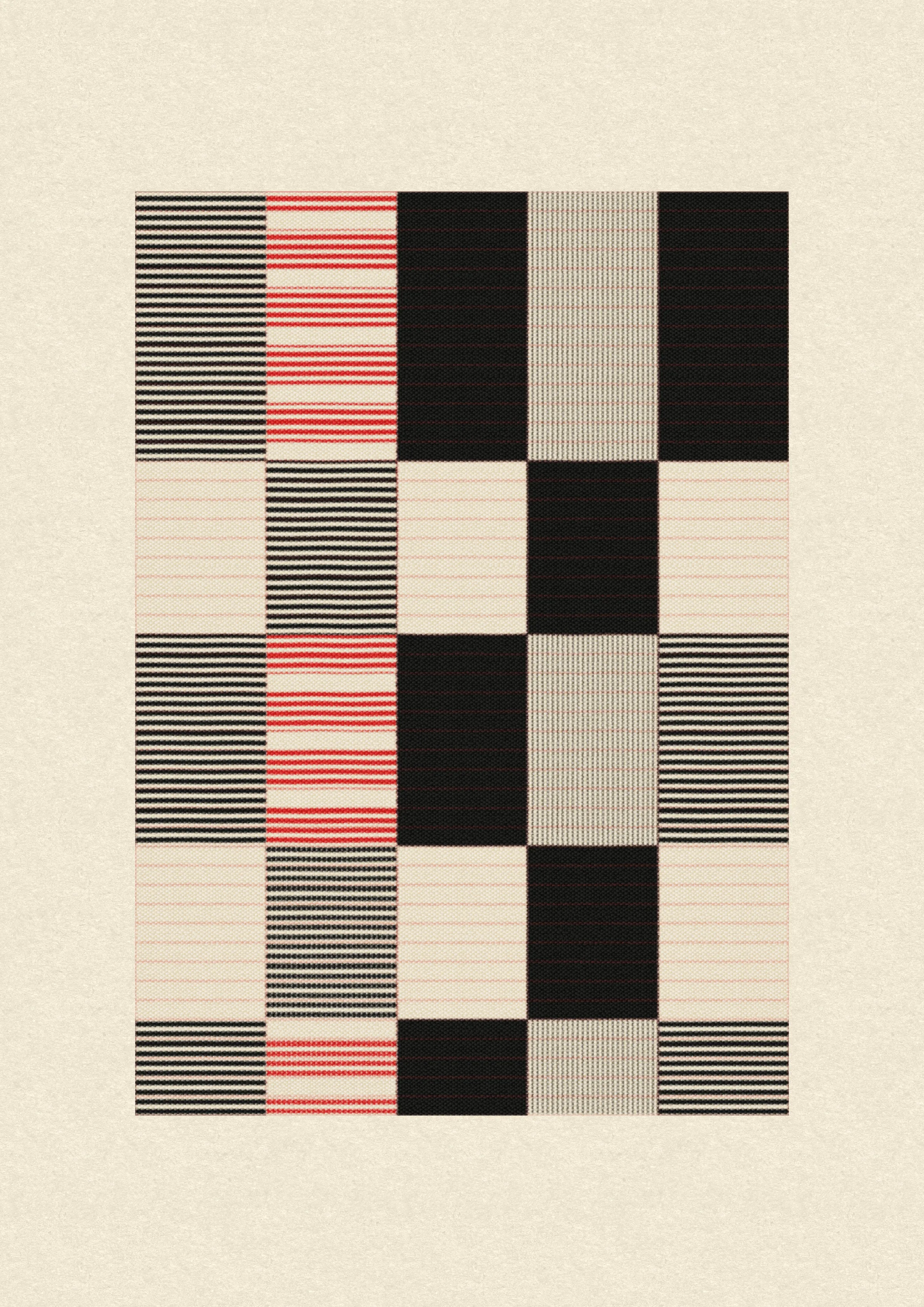 Inspired by the design work of Bauhaus textile artists such as Gunta Stölzl, Anni and Josef Albers, 'Lebras' combines the proportions of both the Silver and Golden Ratios (1.414:1 and 1.618:1 respectively) to create a versatile five-column grid, within which unique compositions are formed. 

Repetition, material, balance, and overlaps are used to generate a near-endless variety of designs, ranging from ultra-minimal, to rhythmic and textural. Four fabric types are available, further adding to the authentic textile quality of the outputs. 

To enjoy 'Lebras' compositions at their best, please view at full size.