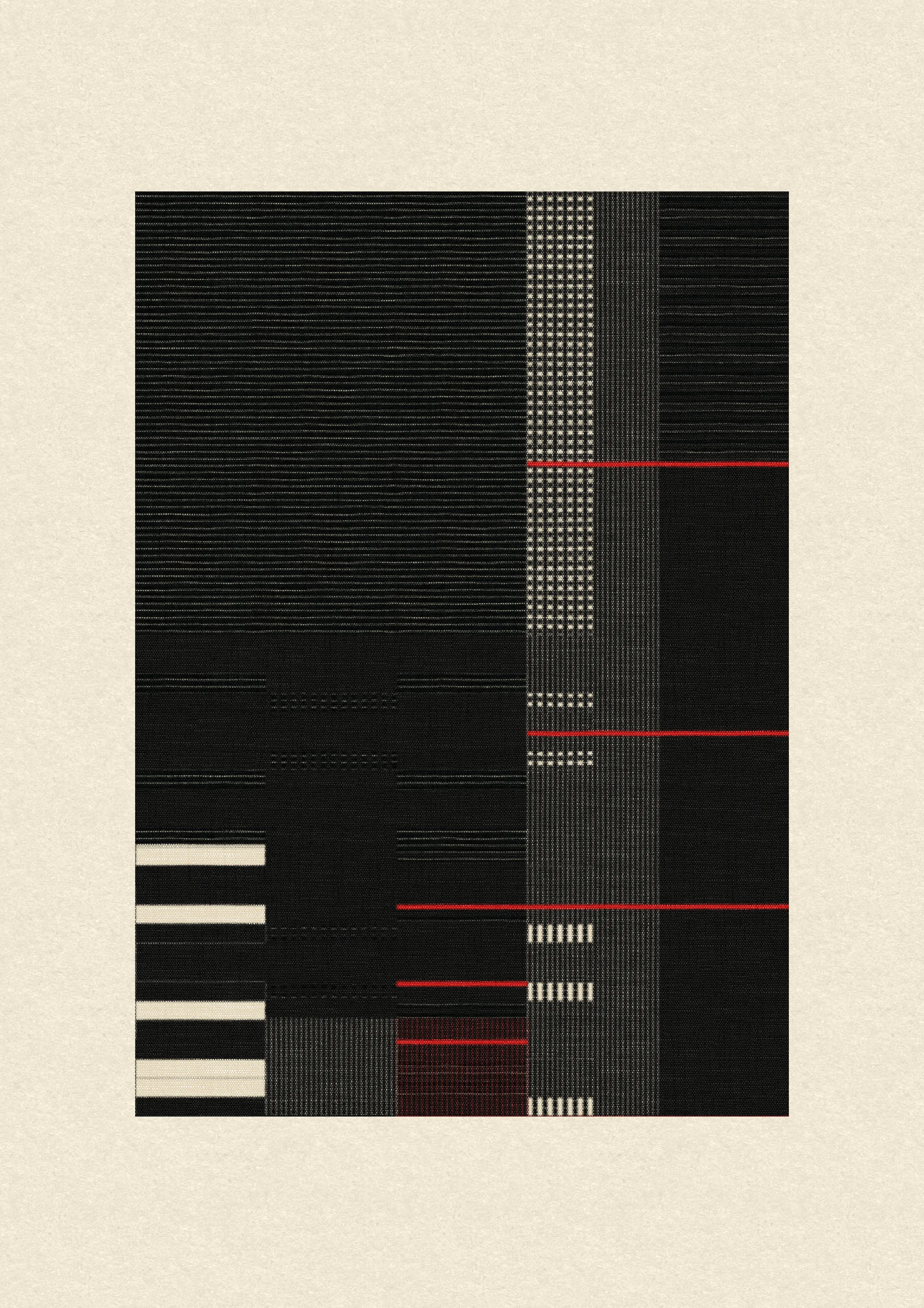 Inspired by the design work of Bauhaus textile artists such as Gunta Stölzl, Anni and Josef Albers, 'Lebras' combines the proportions of both the Silver and Golden Ratios (1.414:1 and 1.618:1 respectively) to create a versatile five-column grid, within which unique compositions are formed. 

Repetition, material, balance, and overlaps are used to generate a near-endless variety of designs, ranging from ultra-minimal, to rhythmic and textural. Four fabric types are available, further adding to the authentic textile quality of the outputs. 

To enjoy 'Lebras' compositions at their best, please view at full size.