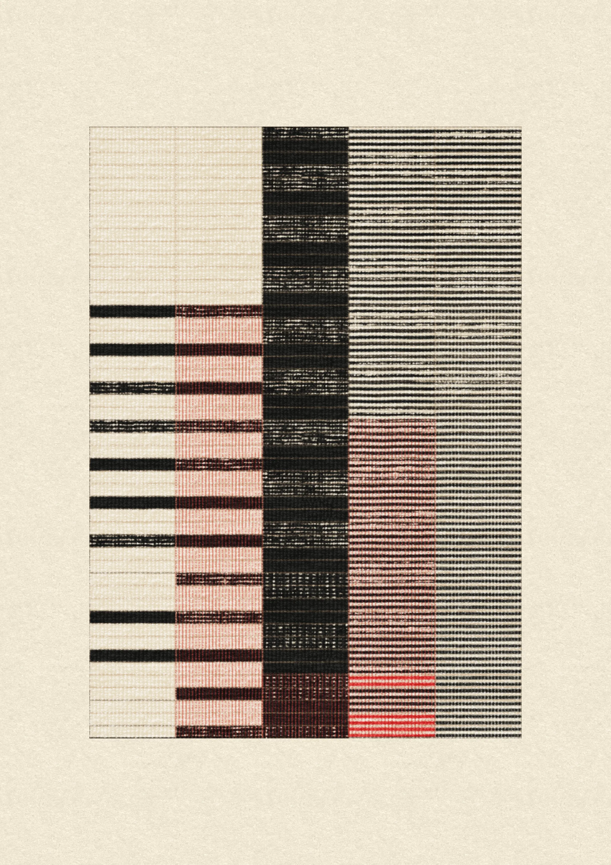 Inspired by the design work of Bauhaus textile artists such as Gunta Stölzl, Anni and Josef Albers, 'Lebras' combines the proportions of both the Silver and Golden Ratios (1.414:1 and 1.618:1 respectively) to create a versatile five-column grid, within which unique compositions are formed. 

Repetition, material, balance, and overlaps are used to generate a near-endless variety of designs, ranging from ultra-minimal, to rhythmic and textural. Four fabric types are available, further adding to the authentic textile quality of the outputs. 

To enjoy 'Lebras' compositions at their best, please view at full size.