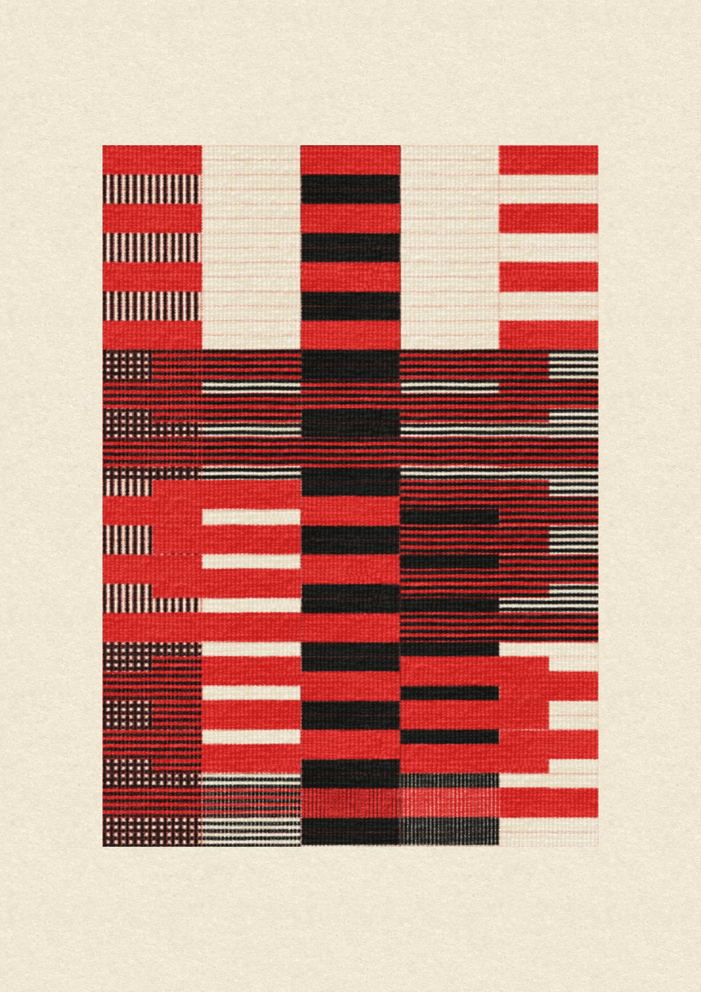 Inspired by the design work of Bauhaus textile artists such as Gunta Stölzl, Anni and Josef Albers, 'Lebras' combines the proportions of both the Silver and Golden Ratios (1.414:1 and 1.618:1 respectively) to create a versatile five-column grid, within which unique compositions are formed. 

Repetition, material, balance, and overlaps are used to generate a near-endless variety of designs, ranging from ultra-minimal, to rhythmic and textural. Four fabric types are available, further adding to the authentic textile quality of the outputs. 

To enjoy 'Lebras' compositions at their best, please view at full size.