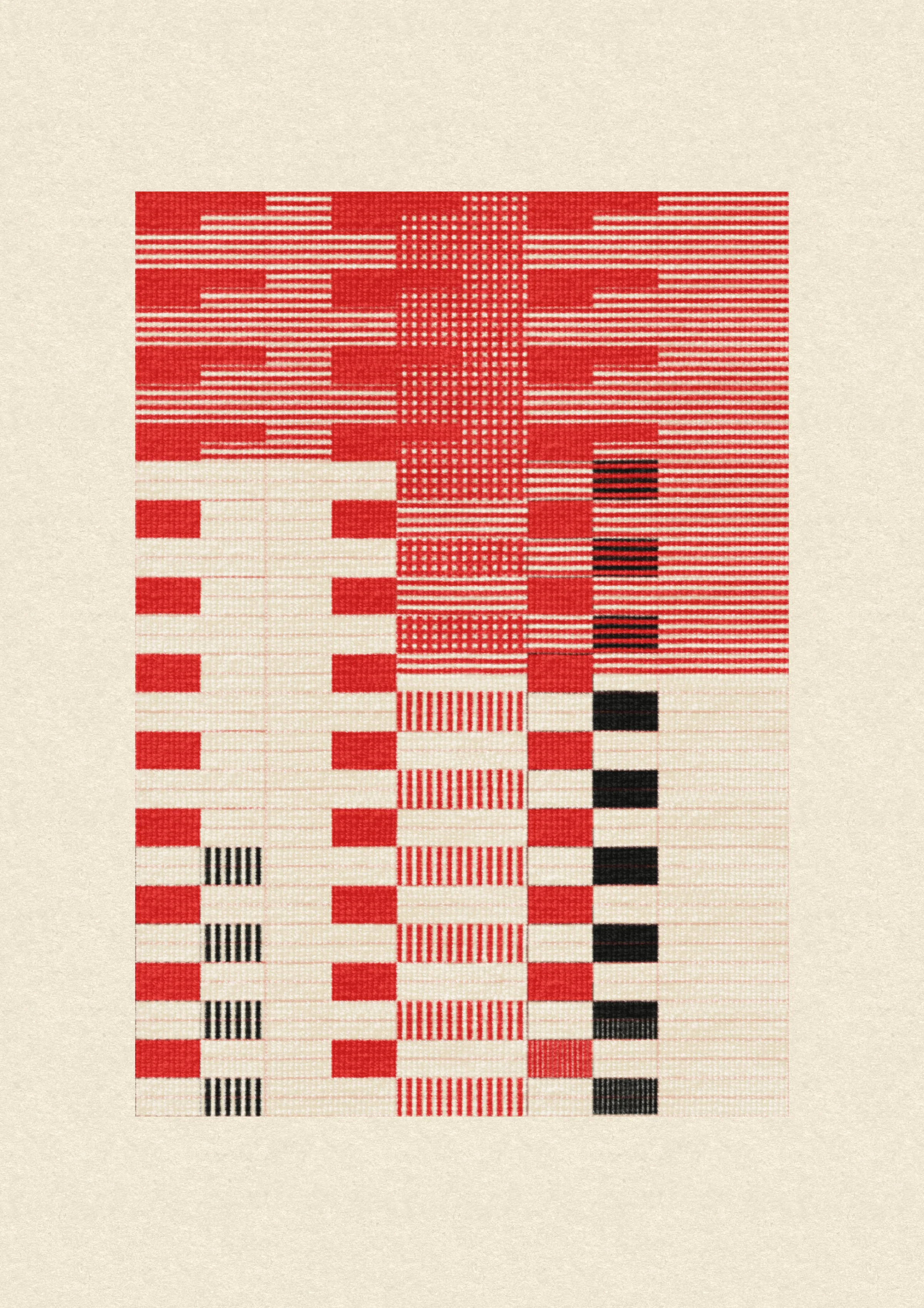 Inspired by the design work of Bauhaus textile artists such as Gunta Stölzl, Anni and Josef Albers, 'Lebras' combines the proportions of both the Silver and Golden Ratios (1.414:1 and 1.618:1 respectively) to create a versatile five-column grid, within which unique compositions are formed. 

Repetition, material, balance, and overlaps are used to generate a near-endless variety of designs, ranging from ultra-minimal, to rhythmic and textural. Four fabric types are available, further adding to the authentic textile quality of the outputs. 

To enjoy 'Lebras' compositions at their best, please view at full size.