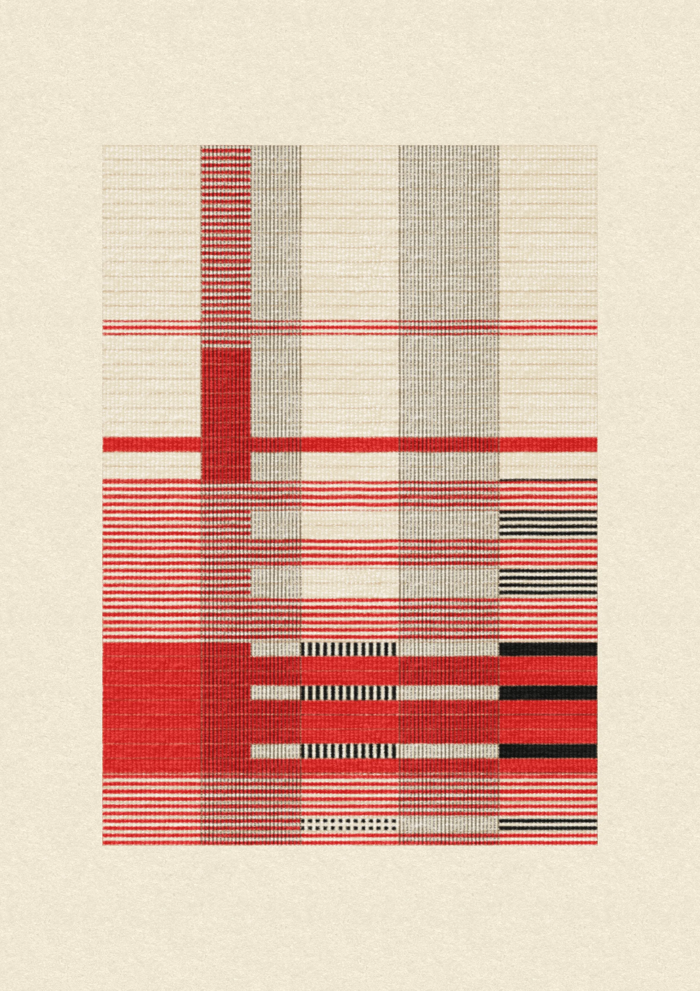 Inspired by the design work of Bauhaus textile artists such as Gunta Stölzl, Anni and Josef Albers, 'Lebras' combines the proportions of both the Silver and Golden Ratios (1.414:1 and 1.618:1 respectively) to create a versatile five-column grid, within which unique compositions are formed. 

Repetition, material, balance, and overlaps are used to generate a near-endless variety of designs, ranging from ultra-minimal, to rhythmic and textural. Four fabric types are available, further adding to the authentic textile quality of the outputs. 

To enjoy 'Lebras' compositions at their best, please view at full size.
