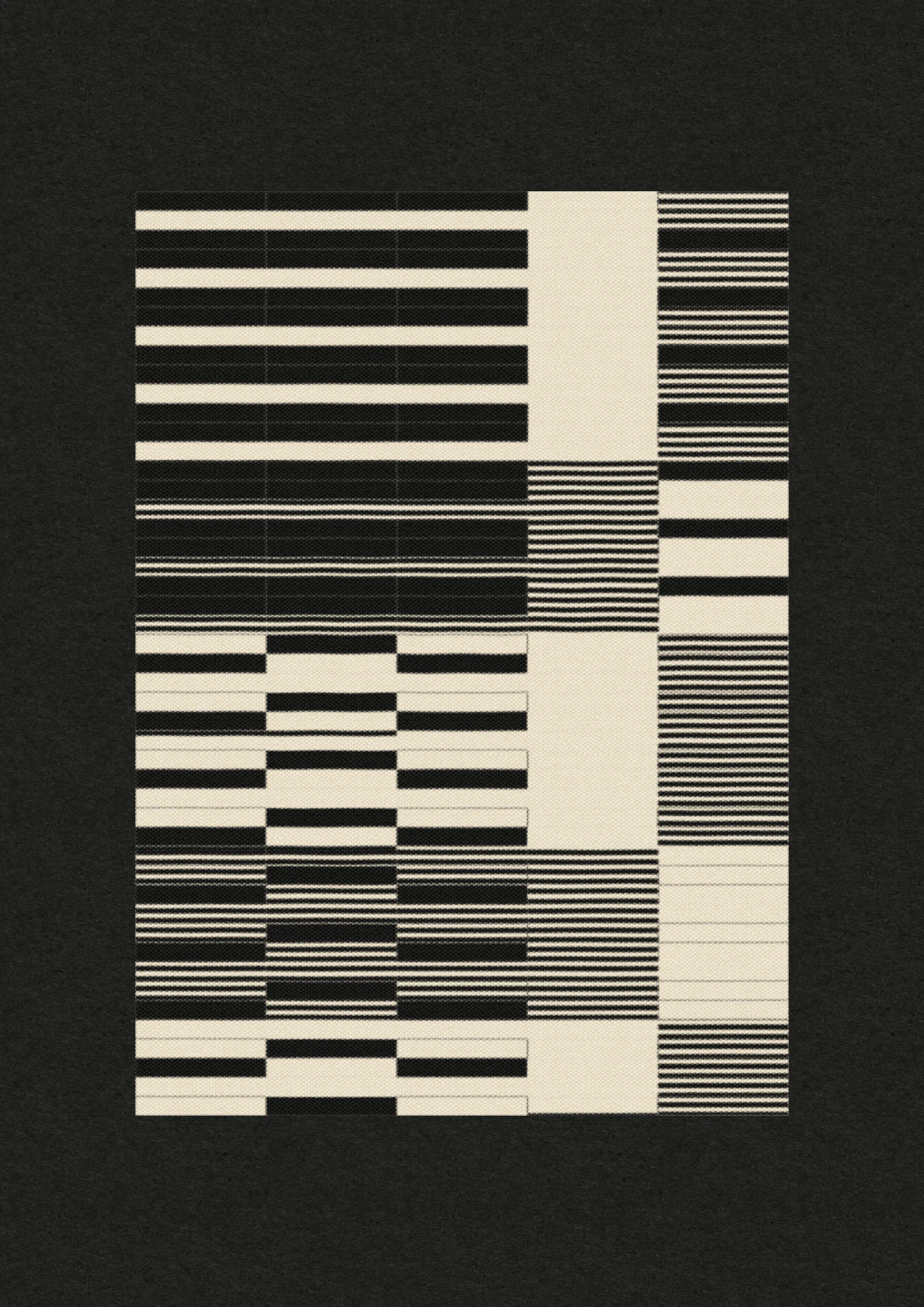 Inspired by the design work of Bauhaus textile artists such as Gunta Stölzl, Anni and Josef Albers, 'Lebras' combines the proportions of both the Silver and Golden Ratios (1.414:1 and 1.618:1 respectively) to create a versatile five-column grid, within which unique compositions are formed. 

Repetition, material, balance, and overlaps are used to generate a near-endless variety of designs, ranging from ultra-minimal, to rhythmic and textural. Four fabric types are available, further adding to the authentic textile quality of the outputs. 

To enjoy 'Lebras' compositions at their best, please view at full size.