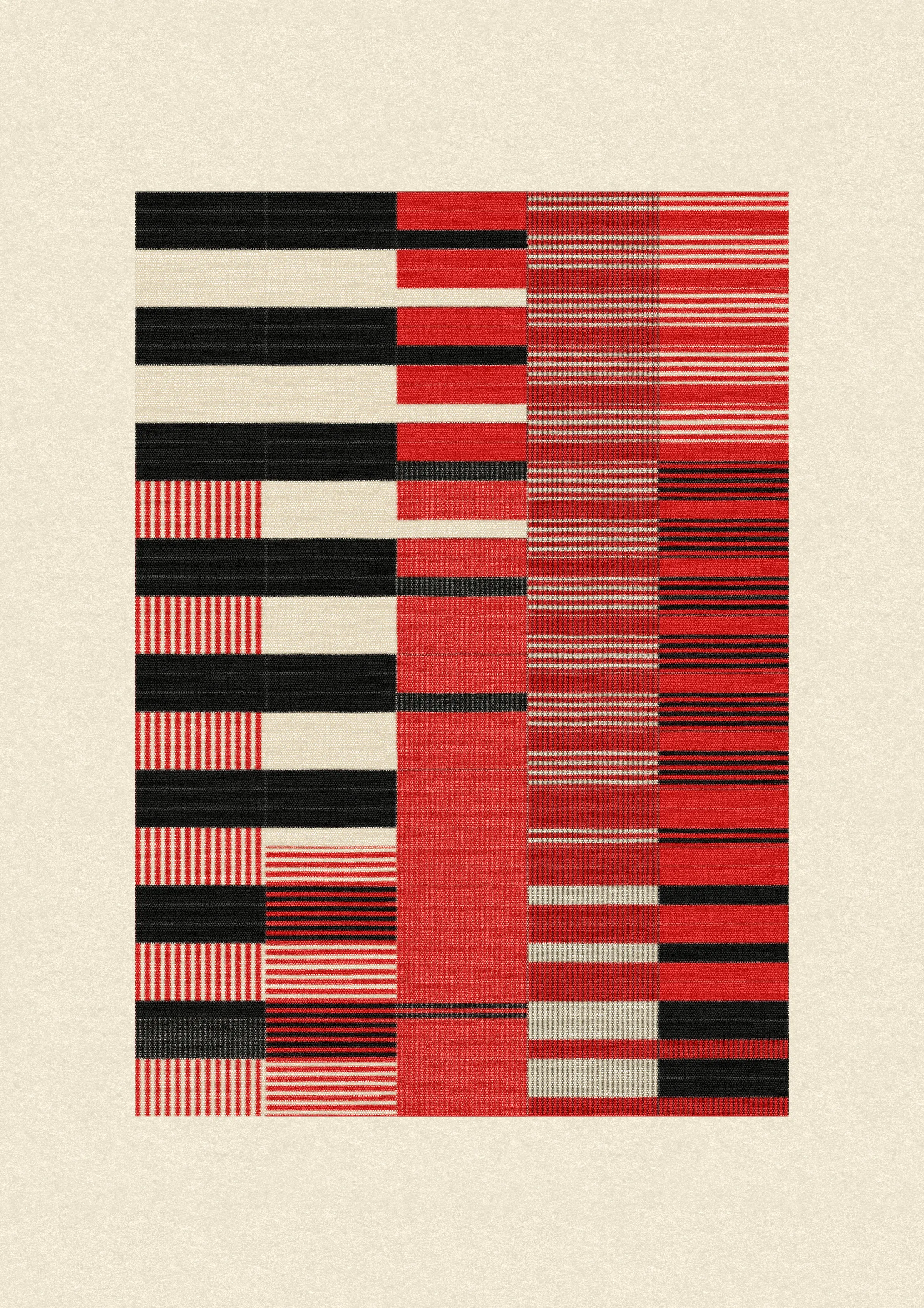 Inspired by the design work of Bauhaus textile artists such as Gunta Stölzl, Anni and Josef Albers, 'Lebras' combines the proportions of both the Silver and Golden Ratios (1.414:1 and 1.618:1 respectively) to create a versatile five-column grid, within which unique compositions are formed. 

Repetition, material, balance, and overlaps are used to generate a near-endless variety of designs, ranging from ultra-minimal, to rhythmic and textural. Four fabric types are available, further adding to the authentic textile quality of the outputs. 

To enjoy 'Lebras' compositions at their best, please view at full size.