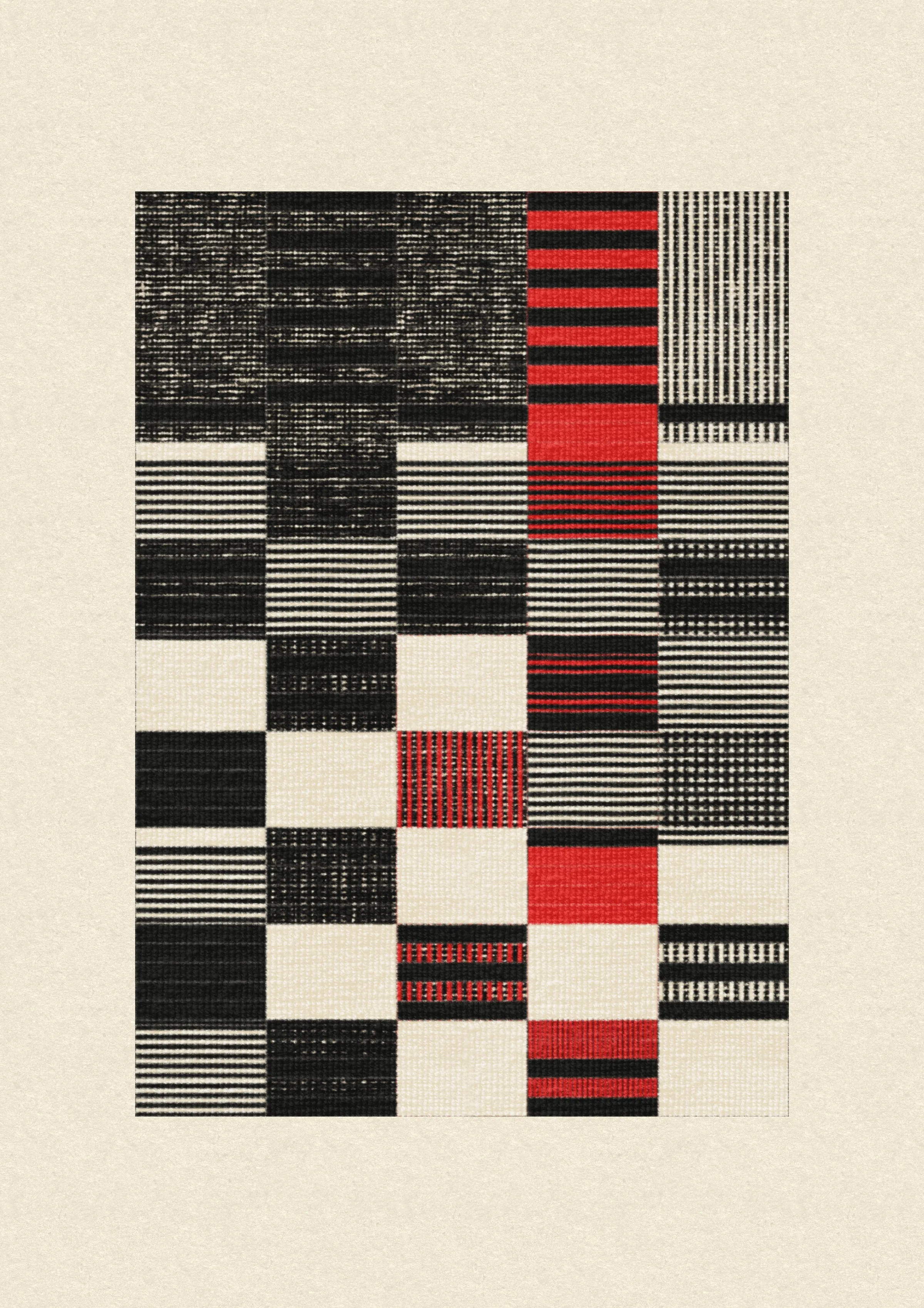 Inspired by the design work of Bauhaus textile artists such as Gunta Stölzl, Anni and Josef Albers, 'Lebras' combines the proportions of both the Silver and Golden Ratios (1.414:1 and 1.618:1 respectively) to create a versatile five-column grid, within which unique compositions are formed. 

Repetition, material, balance, and overlaps are used to generate a near-endless variety of designs, ranging from ultra-minimal, to rhythmic and textural. Four fabric types are available, further adding to the authentic textile quality of the outputs. 

To enjoy 'Lebras' compositions at their best, please view at full size.