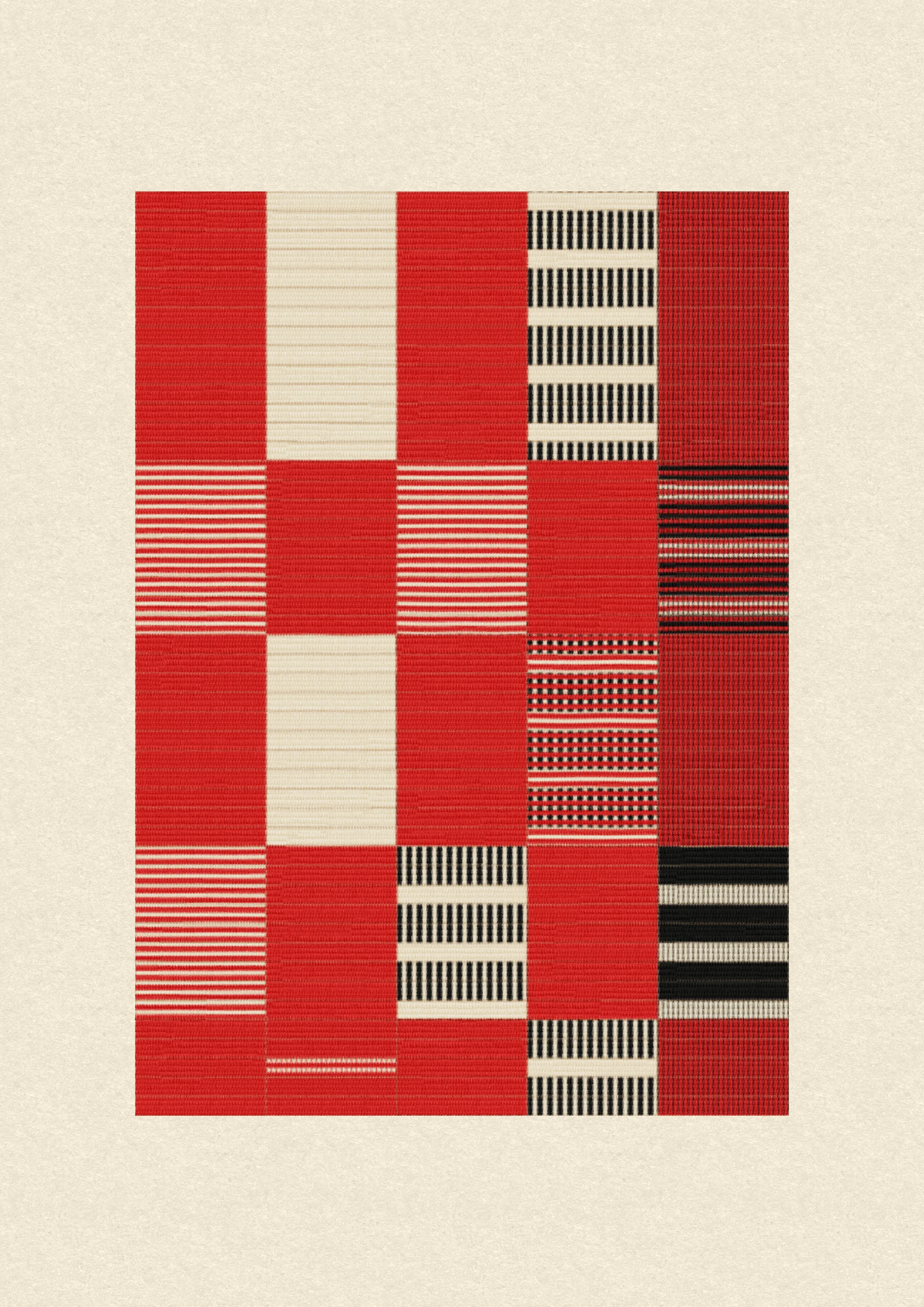 Inspired by the design work of Bauhaus textile artists such as Gunta Stölzl, Anni and Josef Albers, 'Lebras' combines the proportions of both the Silver and Golden Ratios (1.414:1 and 1.618:1 respectively) to create a versatile five-column grid, within which unique compositions are formed. 

Repetition, material, balance, and overlaps are used to generate a near-endless variety of designs, ranging from ultra-minimal, to rhythmic and textural. Four fabric types are available, further adding to the authentic textile quality of the outputs. 

To enjoy 'Lebras' compositions at their best, please view at full size.