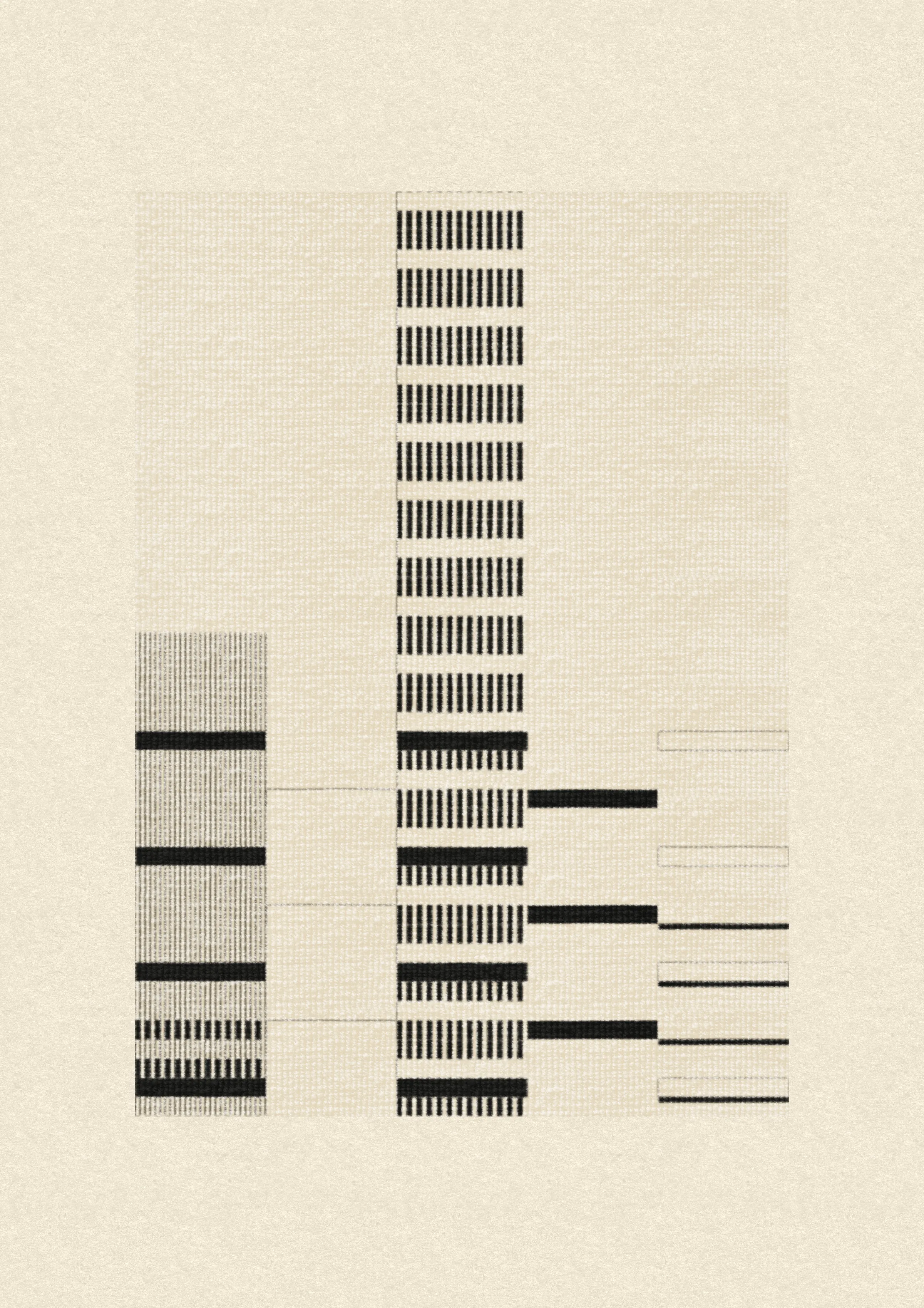 Inspired by the design work of Bauhaus textile artists such as Gunta Stölzl, Anni and Josef Albers, 'Lebras' combines the proportions of both the Silver and Golden Ratios (1.414:1 and 1.618:1 respectively) to create a versatile five-column grid, within which unique compositions are formed. 

Repetition, material, balance, and overlaps are used to generate a near-endless variety of designs, ranging from ultra-minimal, to rhythmic and textural. Four fabric types are available, further adding to the authentic textile quality of the outputs. 

To enjoy 'Lebras' compositions at their best, please view at full size.