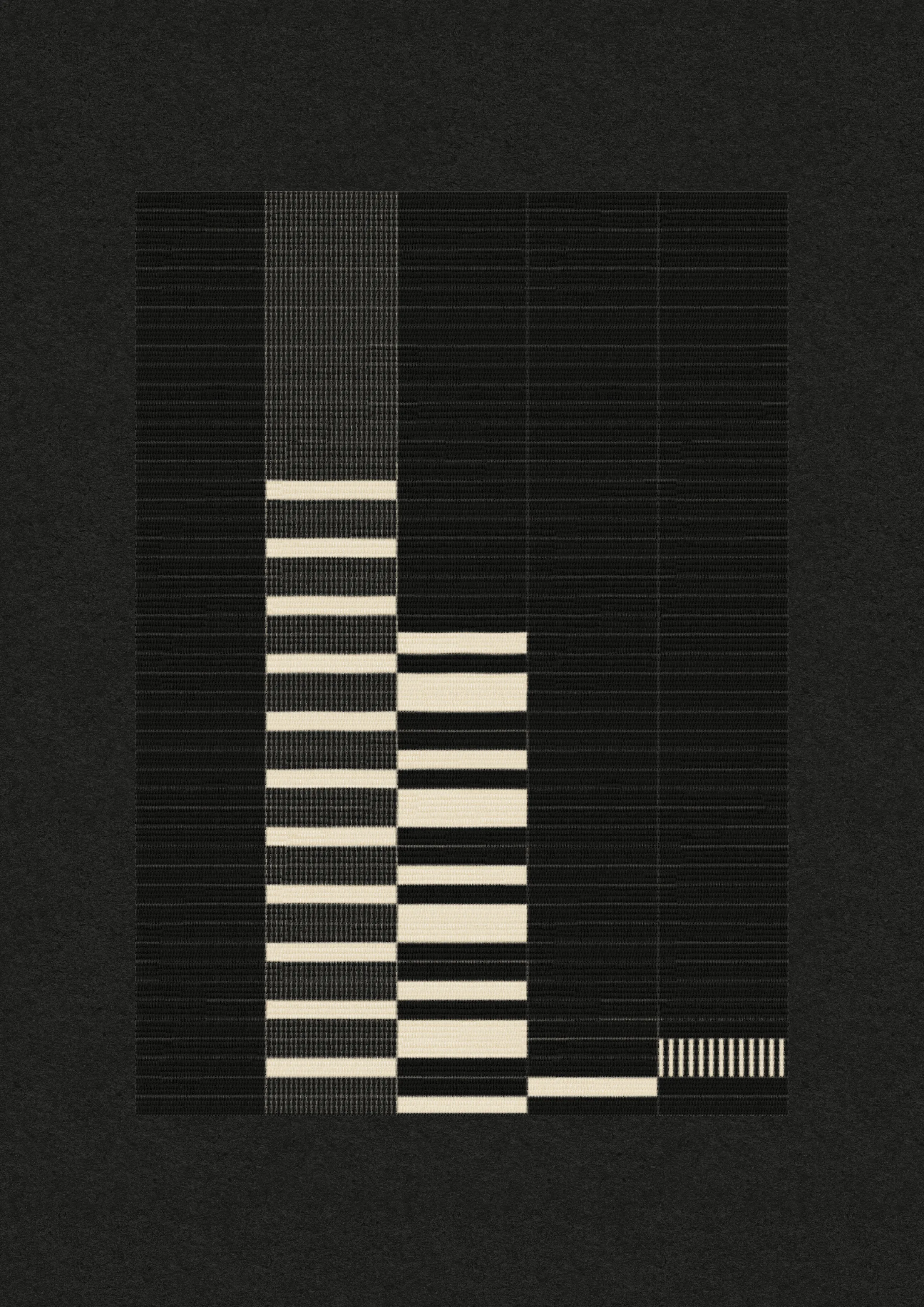 Inspired by the design work of Bauhaus textile artists such as Gunta Stölzl, Anni and Josef Albers, 'Lebras' combines the proportions of both the Silver and Golden Ratios (1.414:1 and 1.618:1 respectively) to create a versatile five-column grid, within which unique compositions are formed. 

Repetition, material, balance, and overlaps are used to generate a near-endless variety of designs, ranging from ultra-minimal, to rhythmic and textural. Four fabric types are available, further adding to the authentic textile quality of the outputs. 

To enjoy 'Lebras' compositions at their best, please view at full size.