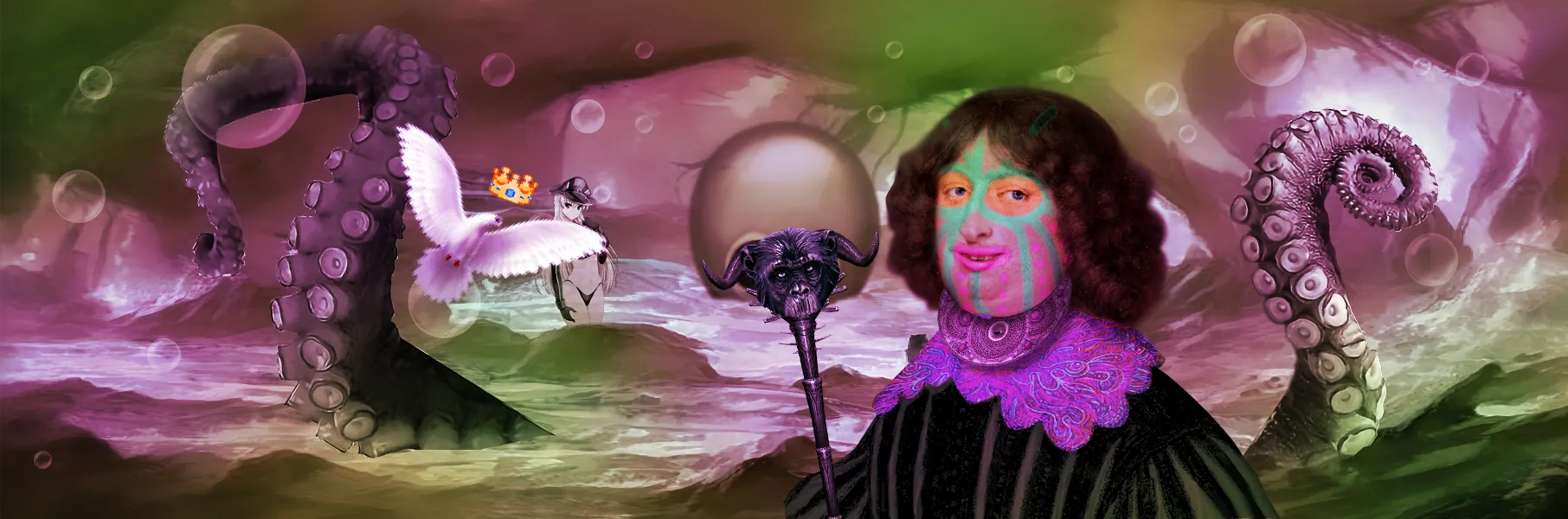The Coterie minted their headers one by one, summoning weirdos from the past, degens from the future
and Zombies for the fortunate. Warping them in to silly colored places never visited before, multidimensional forced tourists in a legion of forever-still, panoramic dream lands. 

As we all know today, the Coterie took control of the Blue Bird Society, one header at a time. A thousand humans, opening a door to nonsense and dreams, controlling the layers of reality in a never ending work of art.