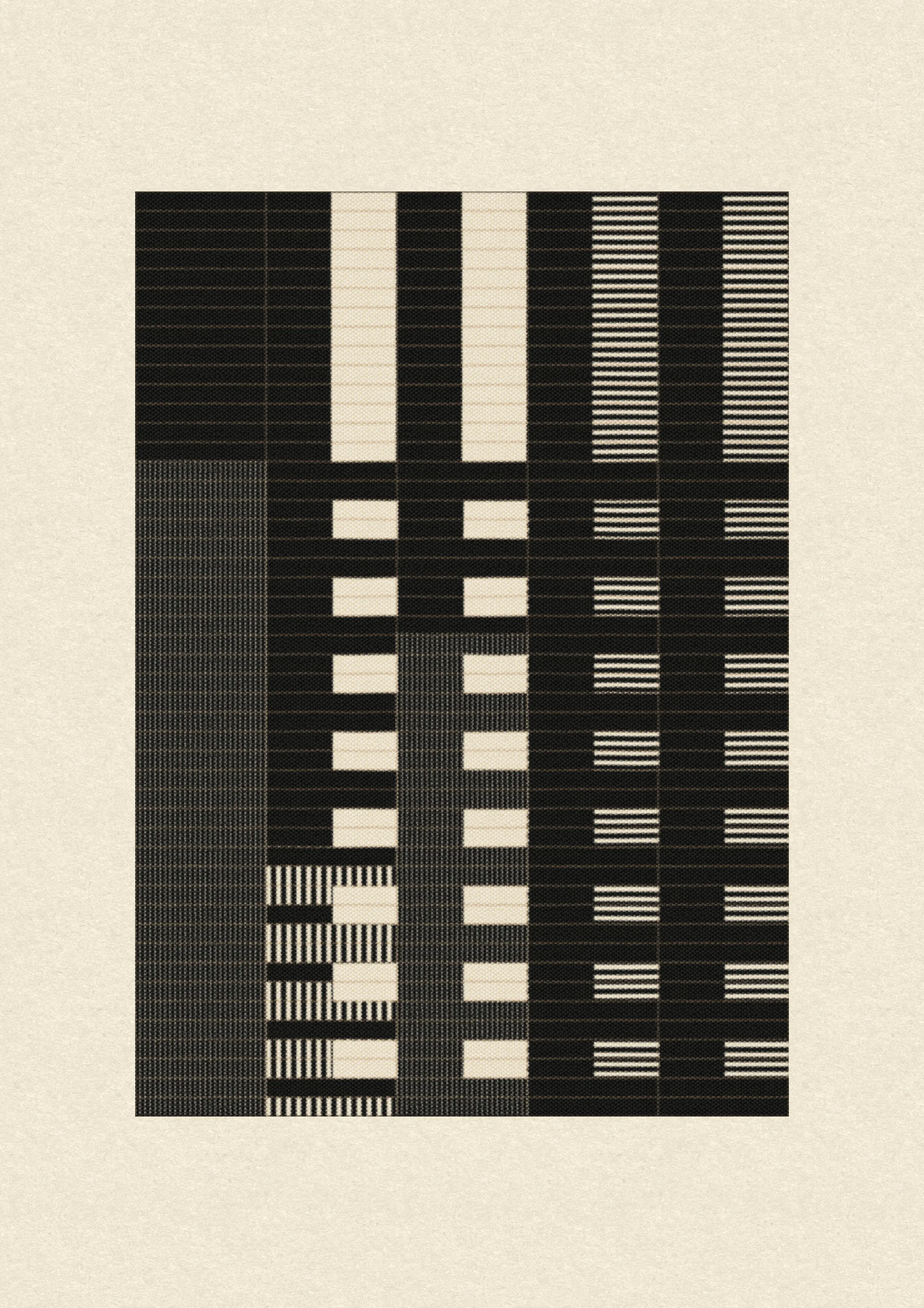 Inspired by the design work of Bauhaus textile artists such as Gunta Stölzl, Anni and Josef Albers, 'Lebras' combines the proportions of both the Silver and Golden Ratios (1.414:1 and 1.618:1 respectively) to create a versatile five-column grid, within which unique compositions are formed. 

Repetition, material, balance, and overlaps are used to generate a near-endless variety of designs, ranging from ultra-minimal, to rhythmic and textural. Four fabric types are available, further adding to the authentic textile quality of the outputs. 

To enjoy 'Lebras' compositions at their best, please view at full size.