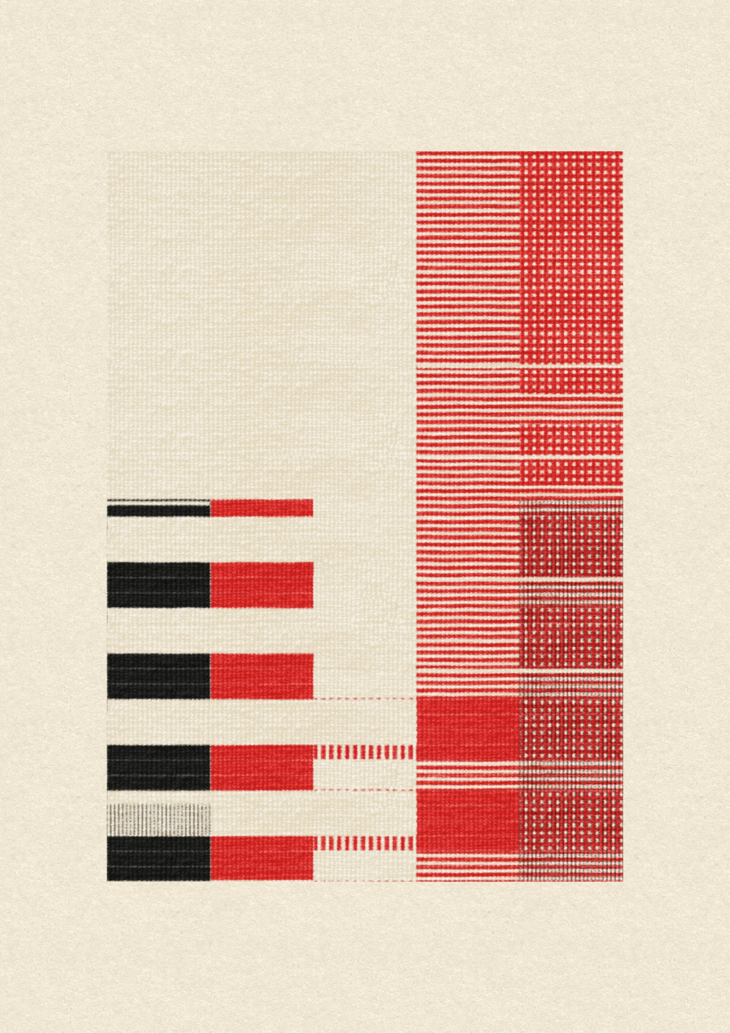 Inspired by the design work of Bauhaus textile artists such as Gunta Stölzl, Anni and Josef Albers, 'Lebras' combines the proportions of both the Silver and Golden Ratios (1.414:1 and 1.618:1 respectively) to create a versatile five-column grid, within which unique compositions are formed. 

Repetition, material, balance, and overlaps are used to generate a near-endless variety of designs, ranging from ultra-minimal, to rhythmic and textural. Four fabric types are available, further adding to the authentic textile quality of the outputs. 

To enjoy 'Lebras' compositions at their best, please view at full size.