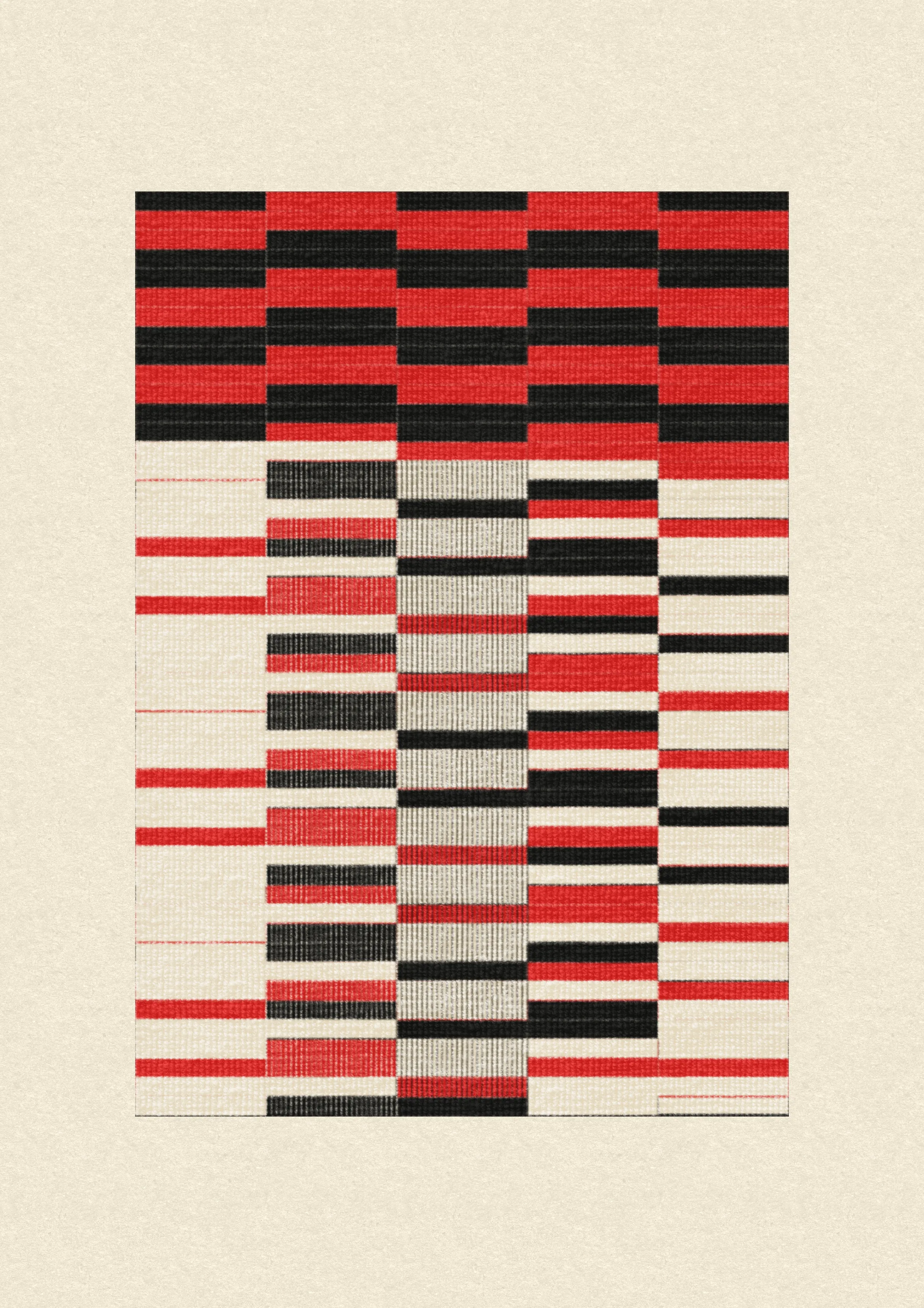 Inspired by the design work of Bauhaus textile artists such as Gunta Stölzl, Anni and Josef Albers, 'Lebras' combines the proportions of both the Silver and Golden Ratios (1.414:1 and 1.618:1 respectively) to create a versatile five-column grid, within which unique compositions are formed. 

Repetition, material, balance, and overlaps are used to generate a near-endless variety of designs, ranging from ultra-minimal, to rhythmic and textural. Four fabric types are available, further adding to the authentic textile quality of the outputs. 

To enjoy 'Lebras' compositions at their best, please view at full size.