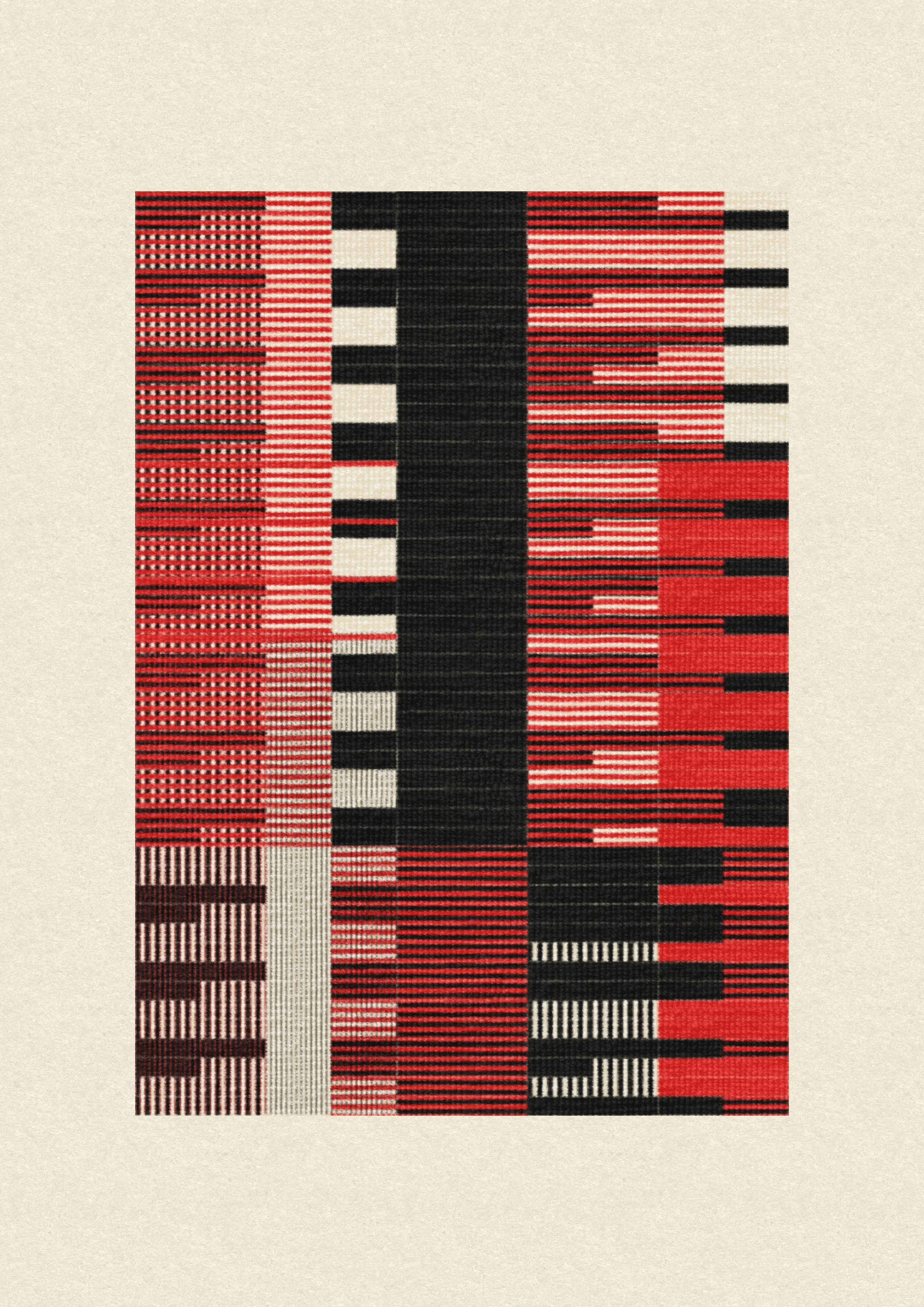 Inspired by the design work of Bauhaus textile artists such as Gunta Stölzl, Anni and Josef Albers, 'Lebras' combines the proportions of both the Silver and Golden Ratios (1.414:1 and 1.618:1 respectively) to create a versatile five-column grid, within which unique compositions are formed. 

Repetition, material, balance, and overlaps are used to generate a near-endless variety of designs, ranging from ultra-minimal, to rhythmic and textural. Four fabric types are available, further adding to the authentic textile quality of the outputs. 

To enjoy 'Lebras' compositions at their best, please view at full size.