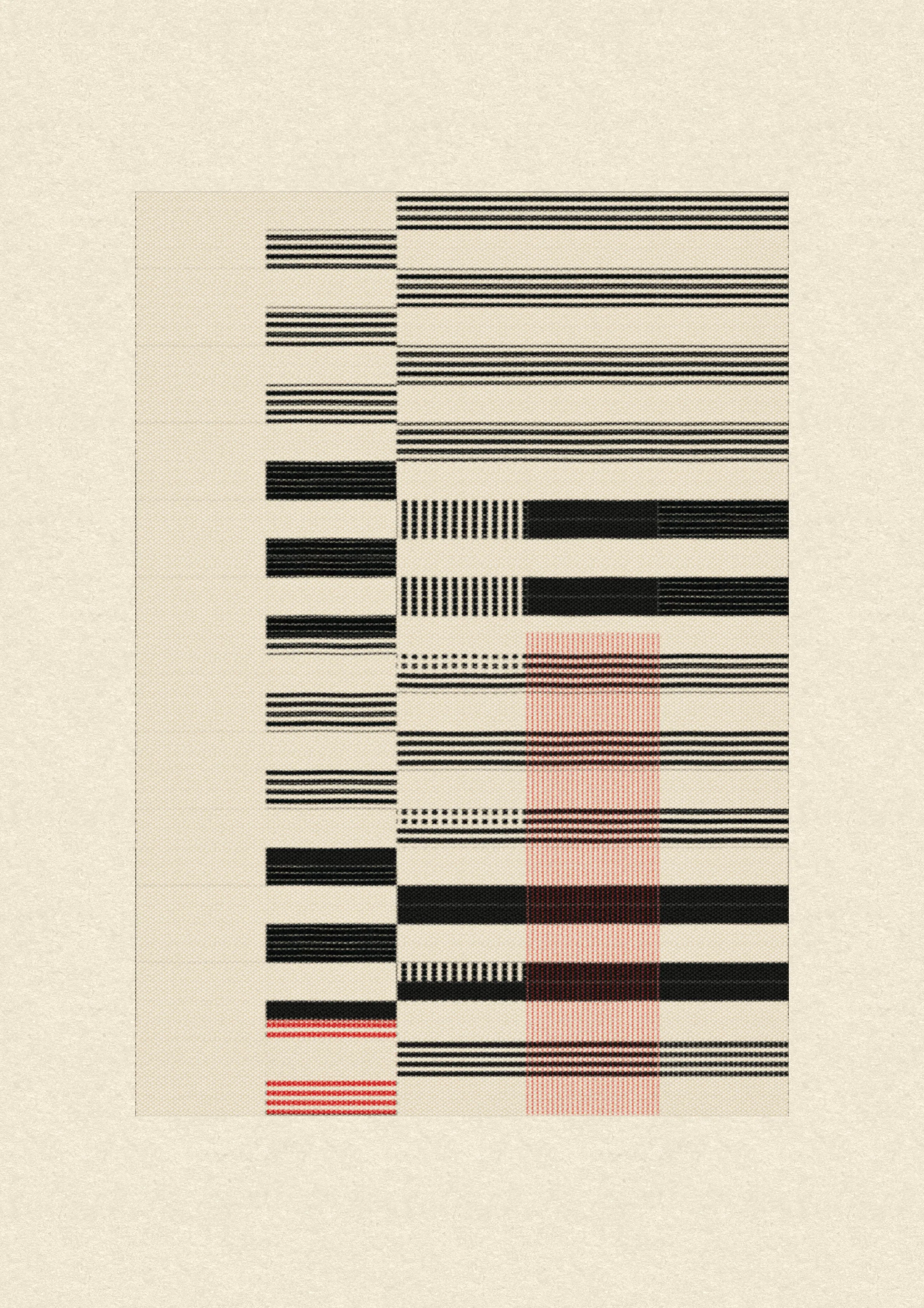 Inspired by the design work of Bauhaus textile artists such as Gunta Stölzl, Anni and Josef Albers, 'Lebras' combines the proportions of both the Silver and Golden Ratios (1.414:1 and 1.618:1 respectively) to create a versatile five-column grid, within which unique compositions are formed. 

Repetition, material, balance, and overlaps are used to generate a near-endless variety of designs, ranging from ultra-minimal, to rhythmic and textural. Four fabric types are available, further adding to the authentic textile quality of the outputs. 

To enjoy 'Lebras' compositions at their best, please view at full size.