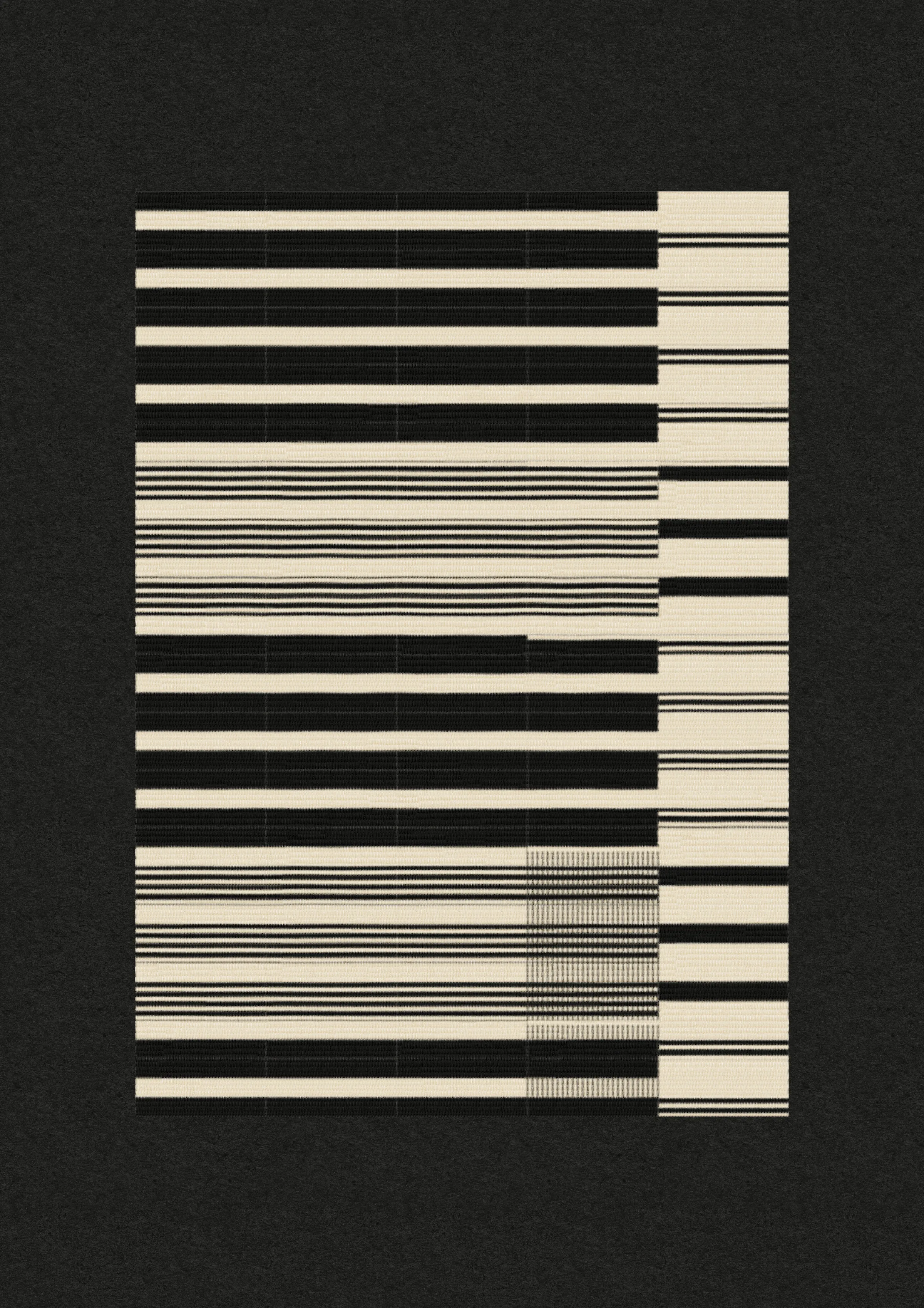 Inspired by the design work of Bauhaus textile artists such as Gunta Stölzl, Anni and Josef Albers, 'Lebras' combines the proportions of both the Silver and Golden Ratios (1.414:1 and 1.618:1 respectively) to create a versatile five-column grid, within which unique compositions are formed. 

Repetition, material, balance, and overlaps are used to generate a near-endless variety of designs, ranging from ultra-minimal, to rhythmic and textural. Four fabric types are available, further adding to the authentic textile quality of the outputs. 

To enjoy 'Lebras' compositions at their best, please view at full size.