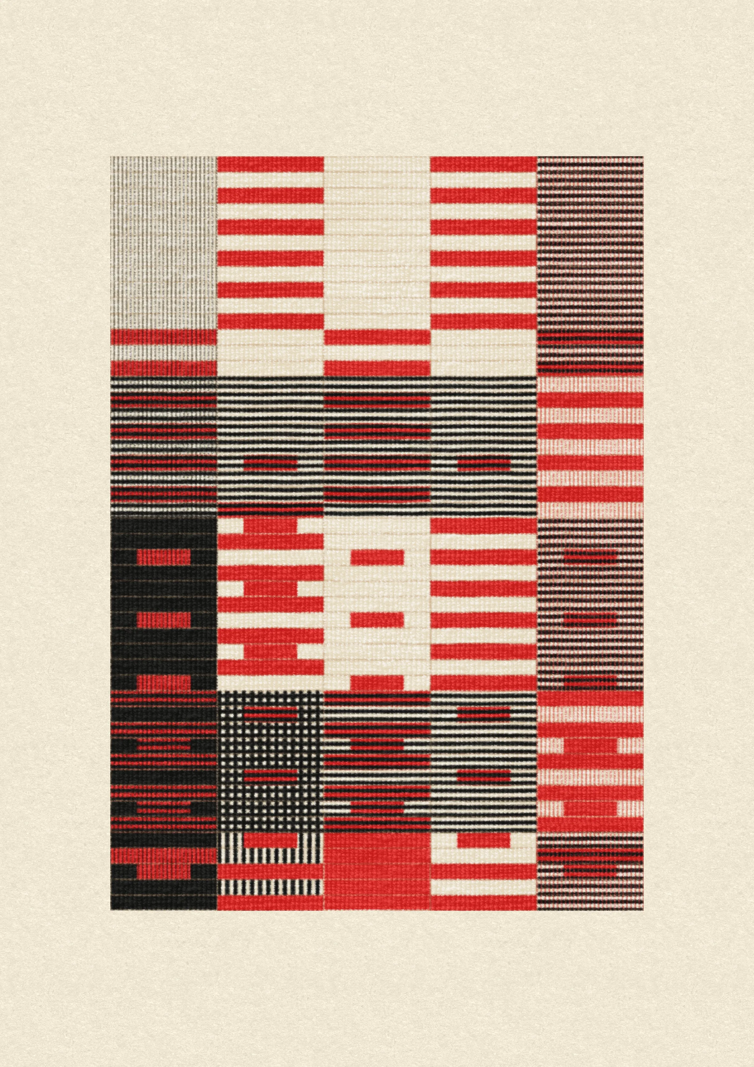 Inspired by the design work of Bauhaus textile artists such as Gunta Stölzl, Anni and Josef Albers, 'Lebras' combines the proportions of both the Silver and Golden Ratios (1.414:1 and 1.618:1 respectively) to create a versatile five-column grid, within which unique compositions are formed. 

Repetition, material, balance, and overlaps are used to generate a near-endless variety of designs, ranging from ultra-minimal, to rhythmic and textural. Four fabric types are available, further adding to the authentic textile quality of the outputs. 

To enjoy 'Lebras' compositions at their best, please view at full size.