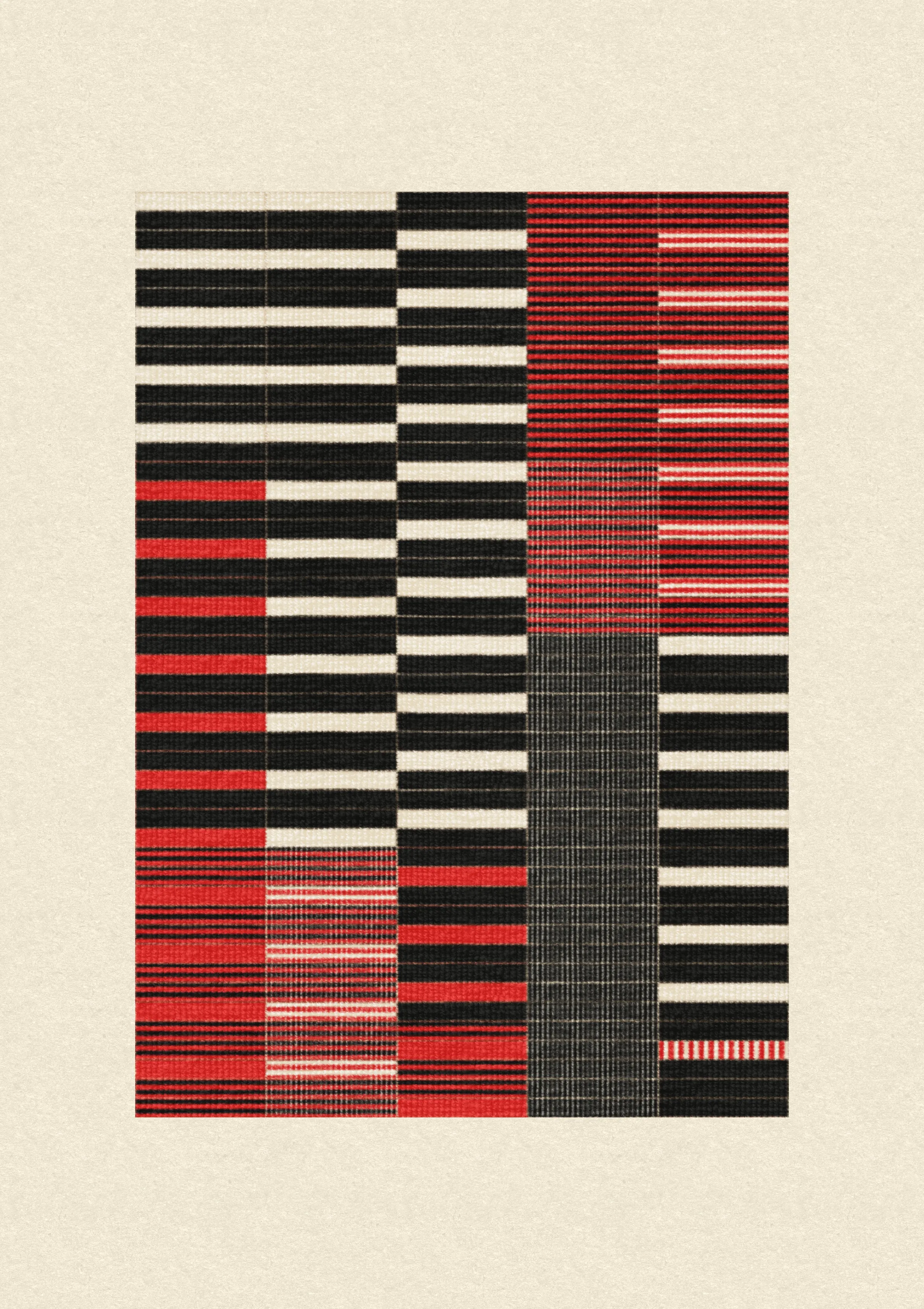 Inspired by the design work of Bauhaus textile artists such as Gunta Stölzl, Anni and Josef Albers, 'Lebras' combines the proportions of both the Silver and Golden Ratios (1.414:1 and 1.618:1 respectively) to create a versatile five-column grid, within which unique compositions are formed. 

Repetition, material, balance, and overlaps are used to generate a near-endless variety of designs, ranging from ultra-minimal, to rhythmic and textural. Four fabric types are available, further adding to the authentic textile quality of the outputs. 

To enjoy 'Lebras' compositions at their best, please view at full size.