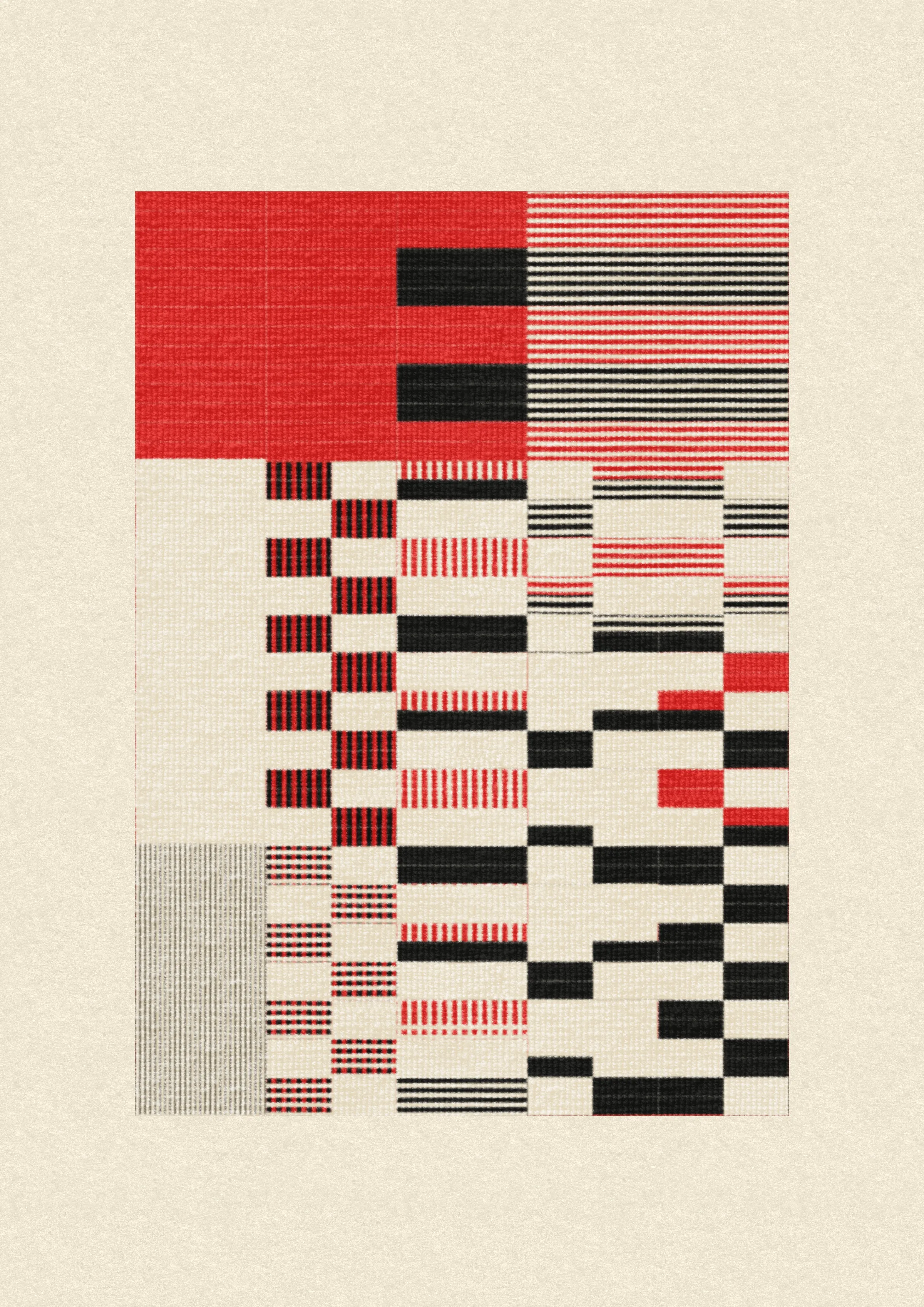 Inspired by the design work of Bauhaus textile artists such as Gunta Stölzl, Anni and Josef Albers, 'Lebras' combines the proportions of both the Silver and Golden Ratios (1.414:1 and 1.618:1 respectively) to create a versatile five-column grid, within which unique compositions are formed. 

Repetition, material, balance, and overlaps are used to generate a near-endless variety of designs, ranging from ultra-minimal, to rhythmic and textural. Four fabric types are available, further adding to the authentic textile quality of the outputs. 

To enjoy 'Lebras' compositions at their best, please view at full size.