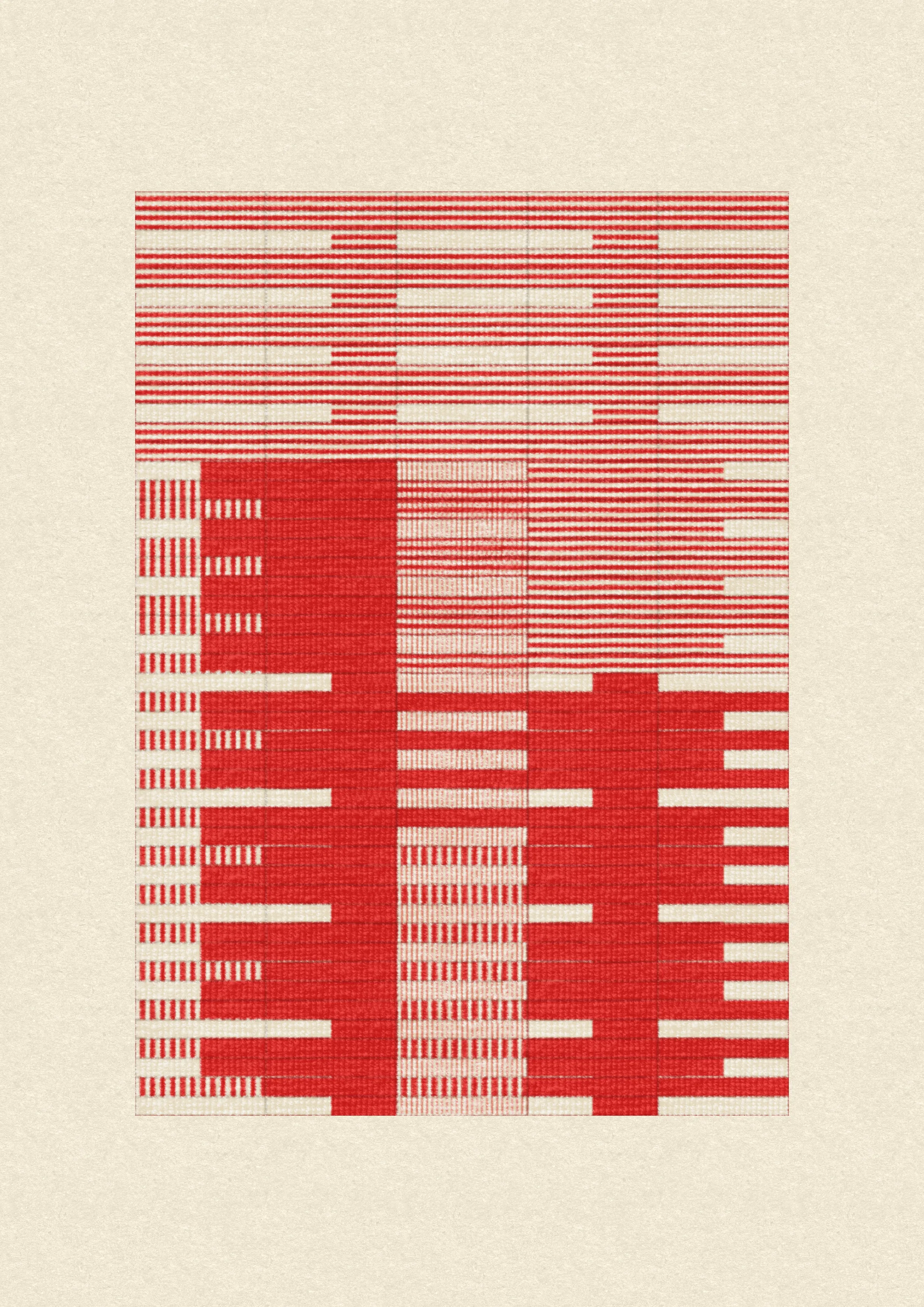 Inspired by the design work of Bauhaus textile artists such as Gunta Stölzl, Anni and Josef Albers, 'Lebras' combines the proportions of both the Silver and Golden Ratios (1.414:1 and 1.618:1 respectively) to create a versatile five-column grid, within which unique compositions are formed. 

Repetition, material, balance, and overlaps are used to generate a near-endless variety of designs, ranging from ultra-minimal, to rhythmic and textural. Four fabric types are available, further adding to the authentic textile quality of the outputs. 

To enjoy 'Lebras' compositions at their best, please view at full size.